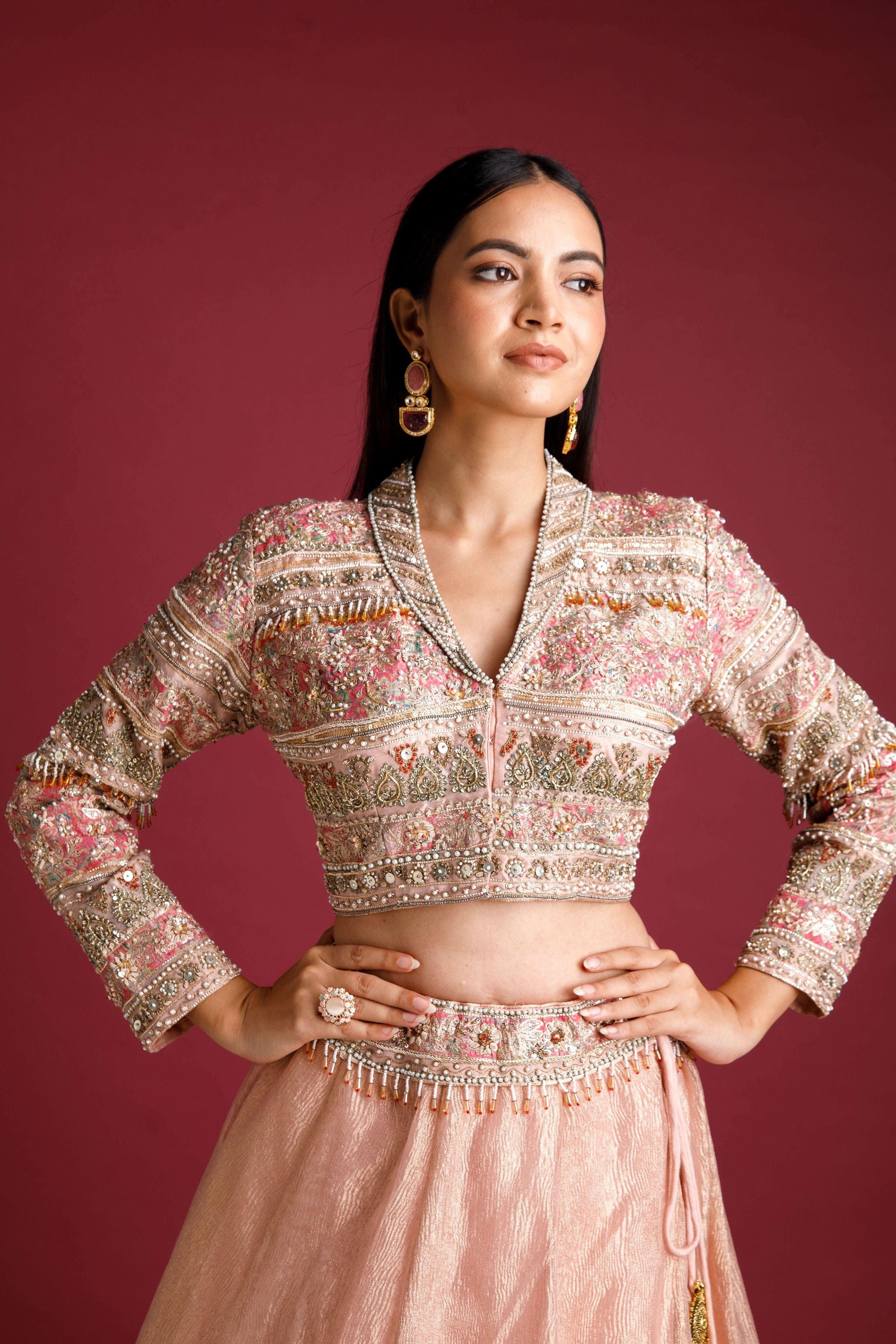 Dusty Rose Lehenga With Embellished Blouse And Tissue Skirt - Mokshaa