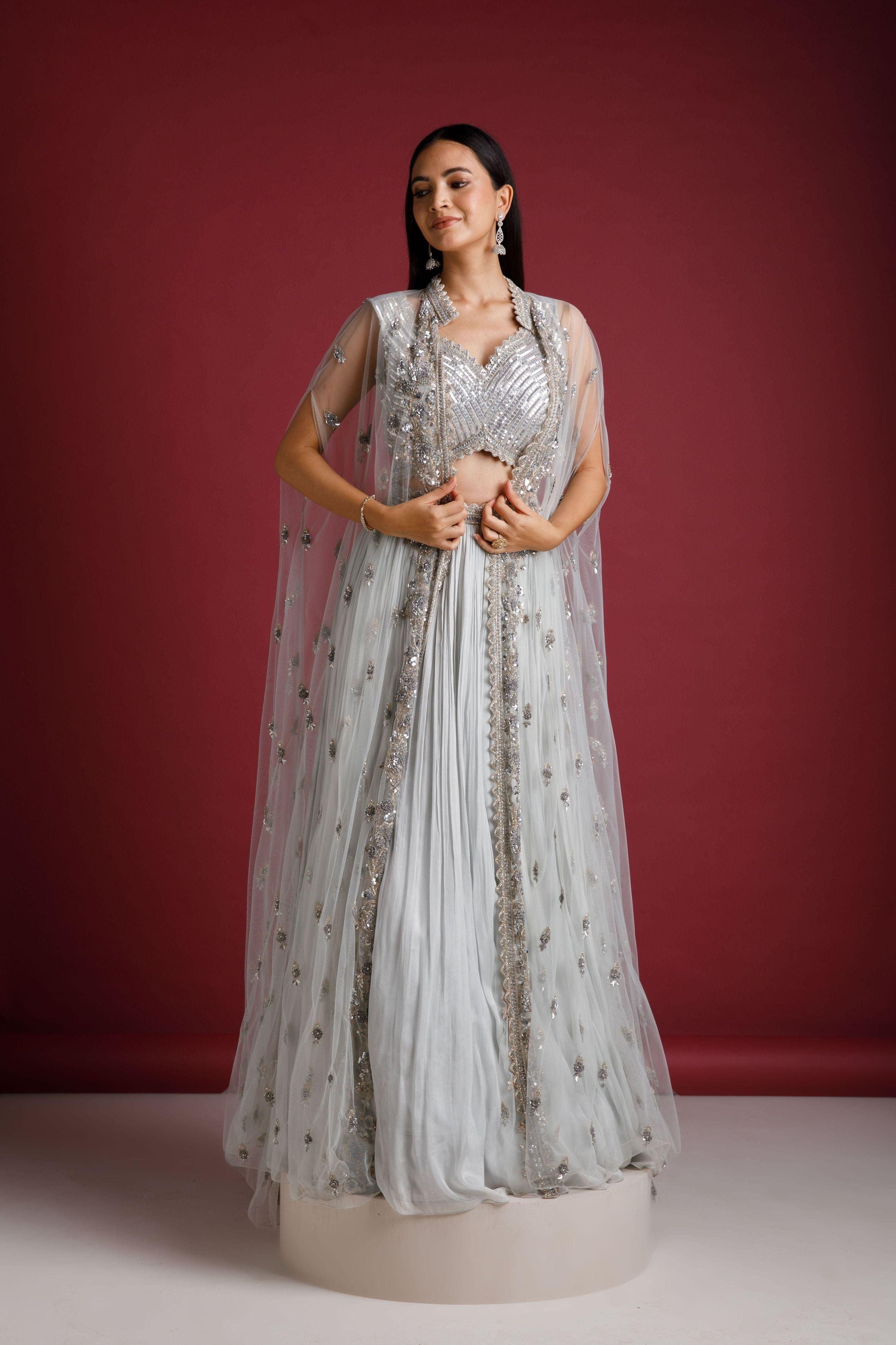 Light Blue Jacket Lehenga Set - Mokshaa