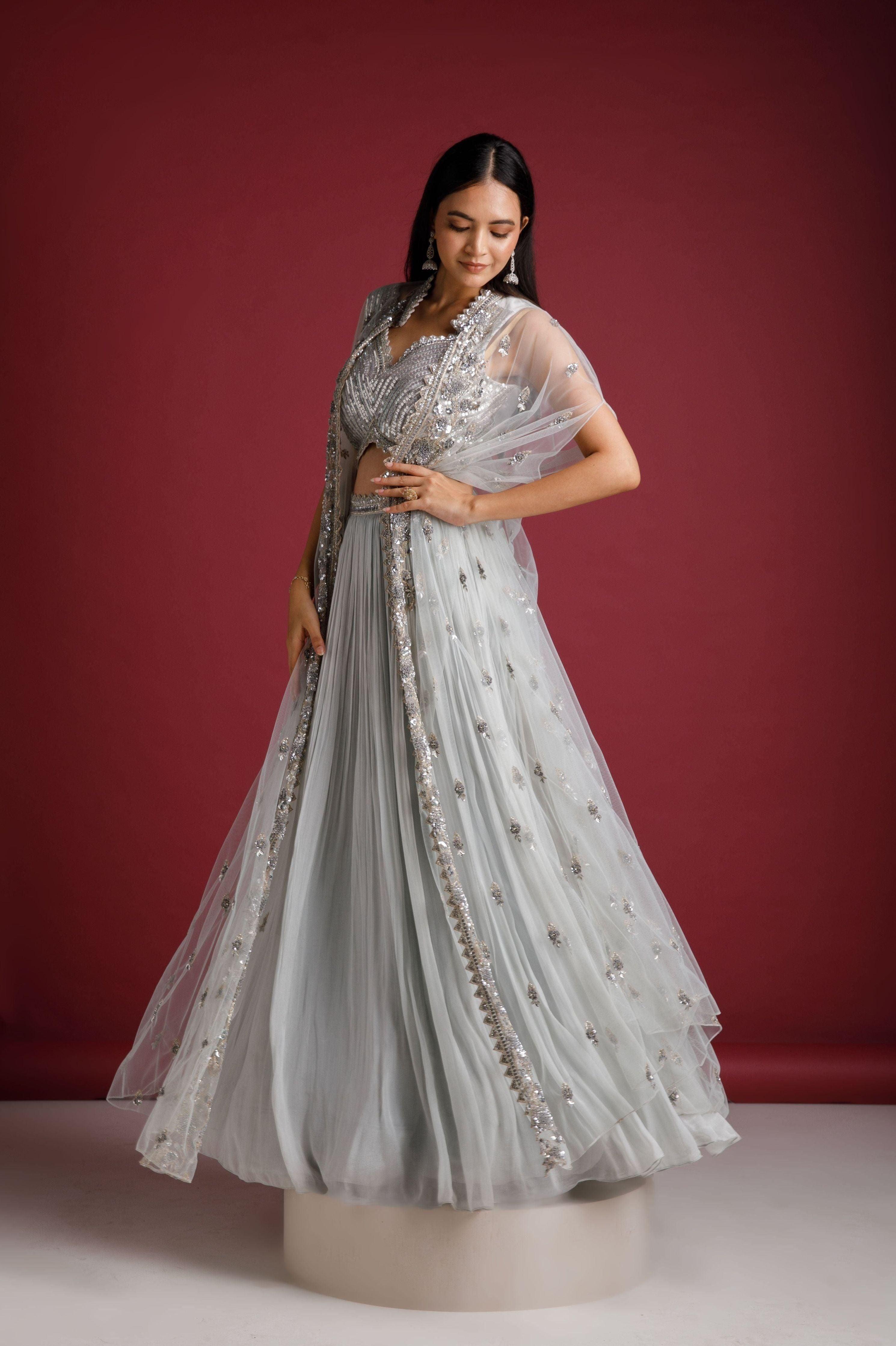 Light Blue Jacket Lehenga Set - Mokshaa