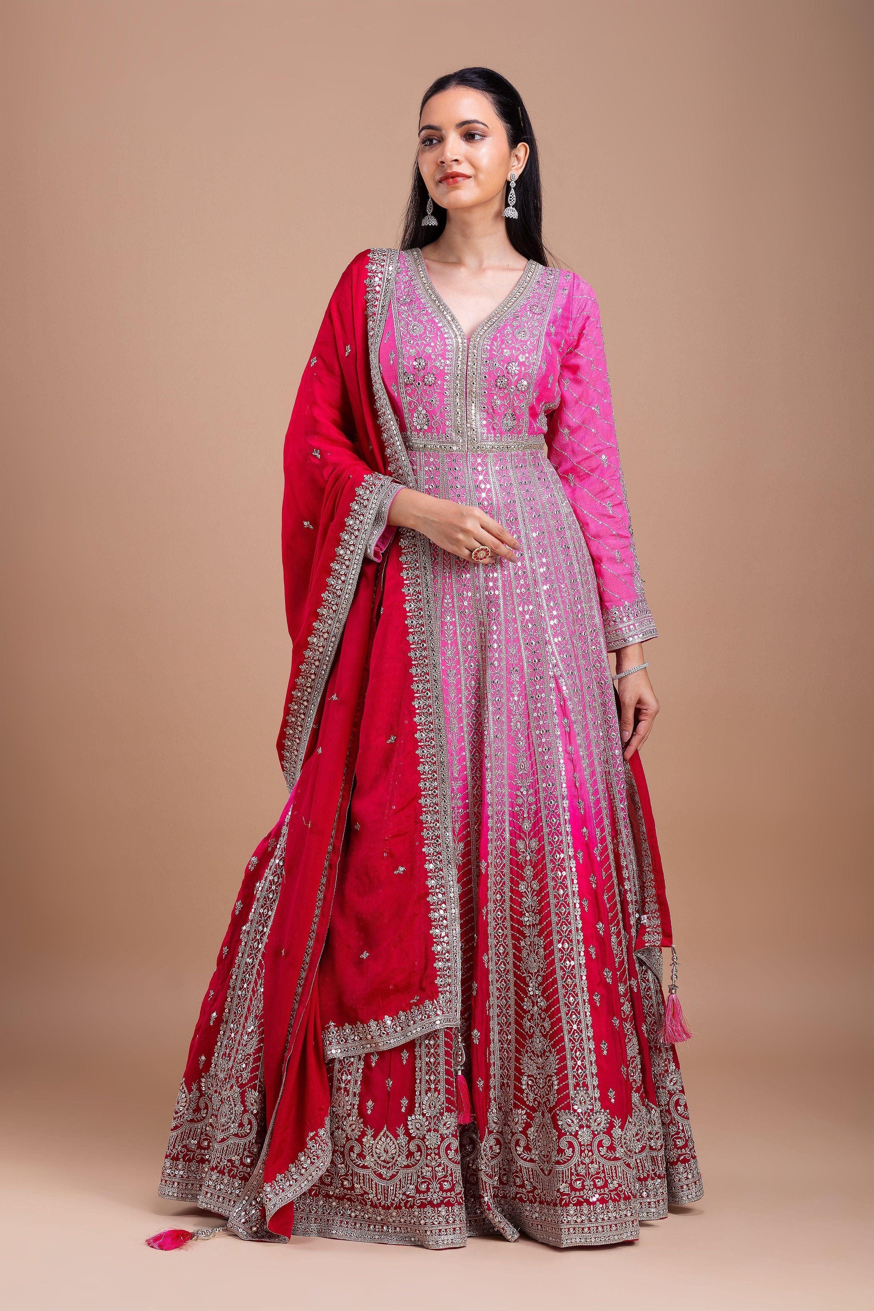 Pink And Red Embroidered Anarkali Set - Mokshaa