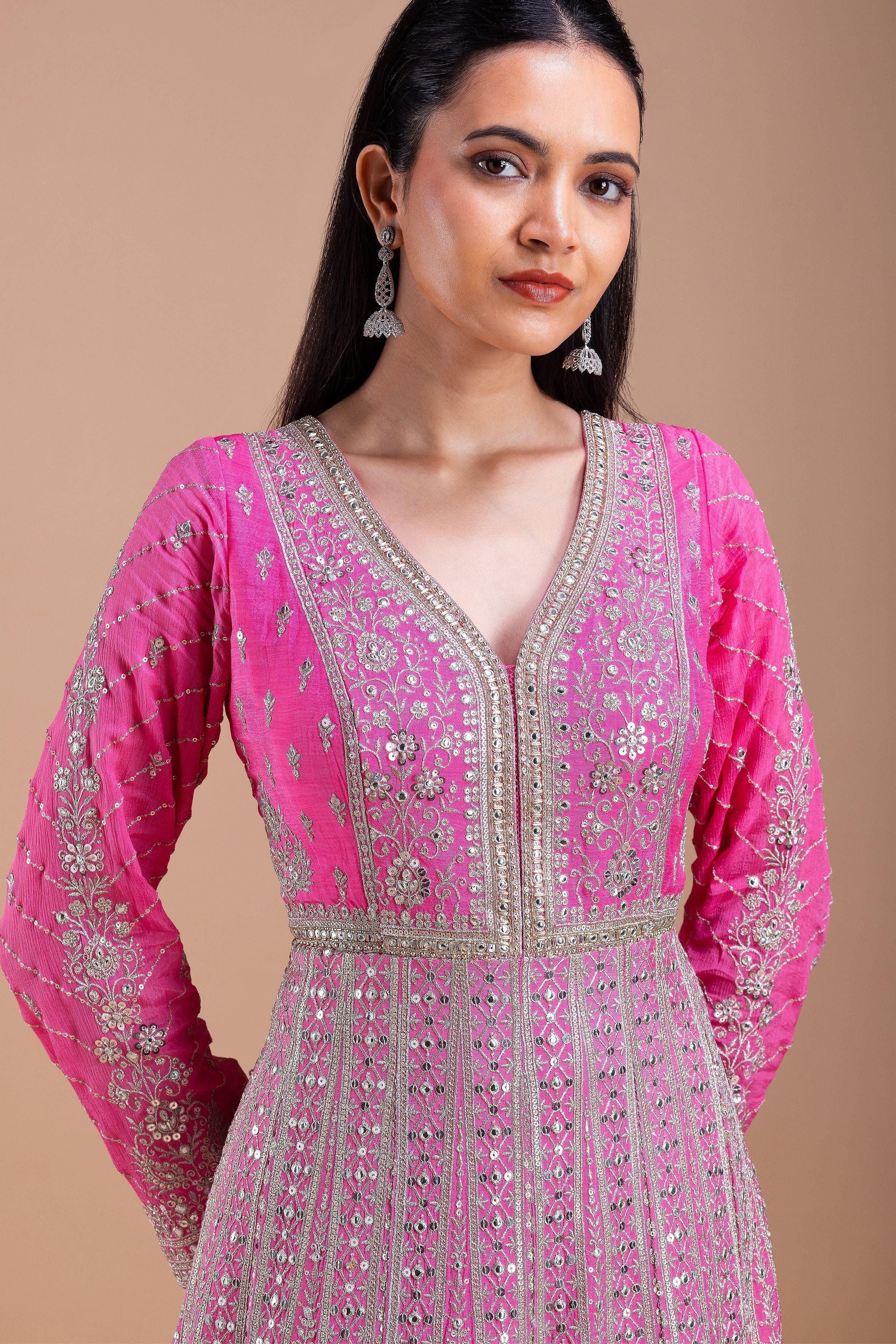 Pink And Red Embroidered Anarkali Set - Mokshaa