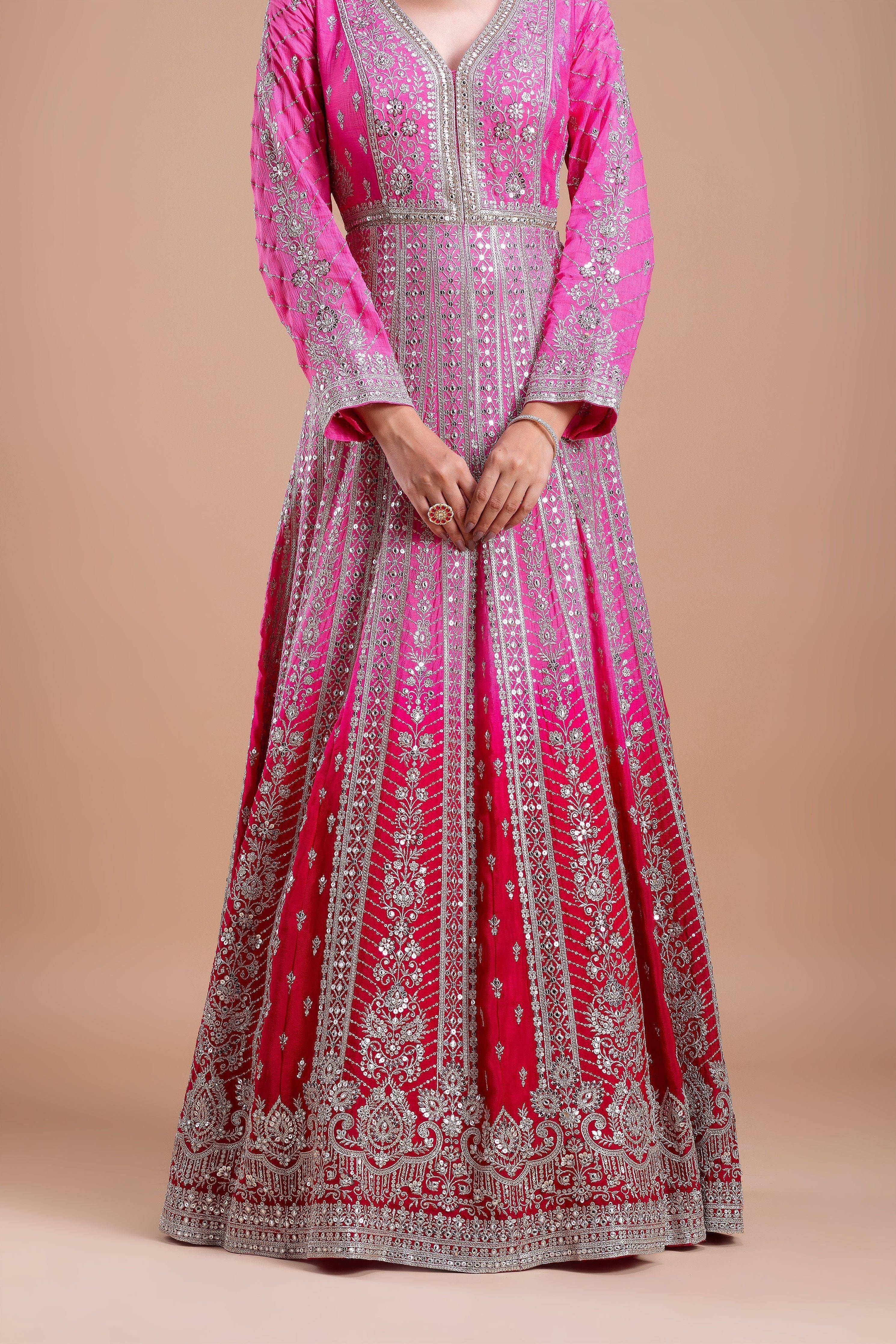 Pink And Red Embroidered Anarkali Set - Mokshaa