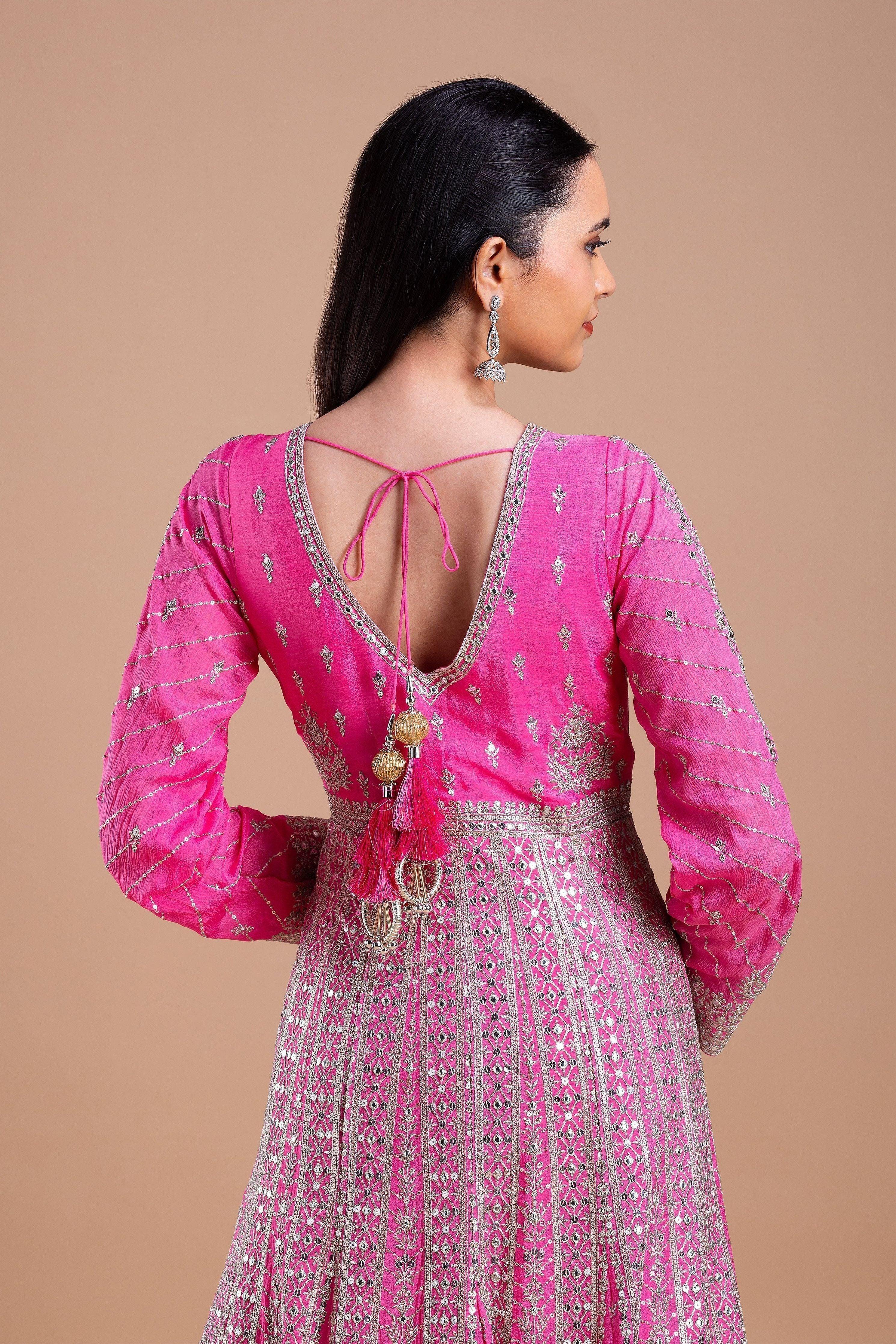 Pink And Red Embroidered Anarkali Set - Mokshaa