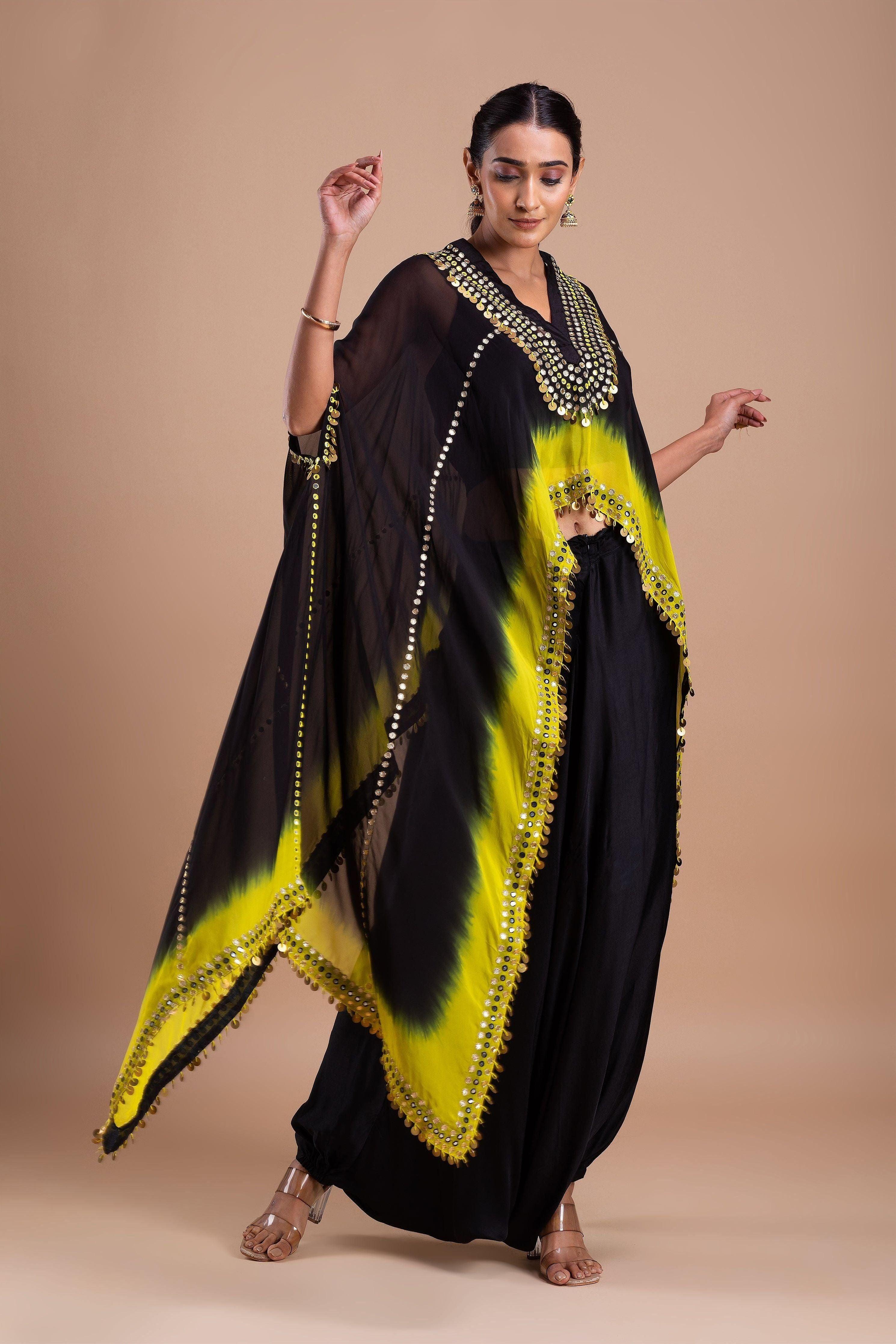 Black And Vibrant Yellow Ombre Indowestern Set - Mokshaa
