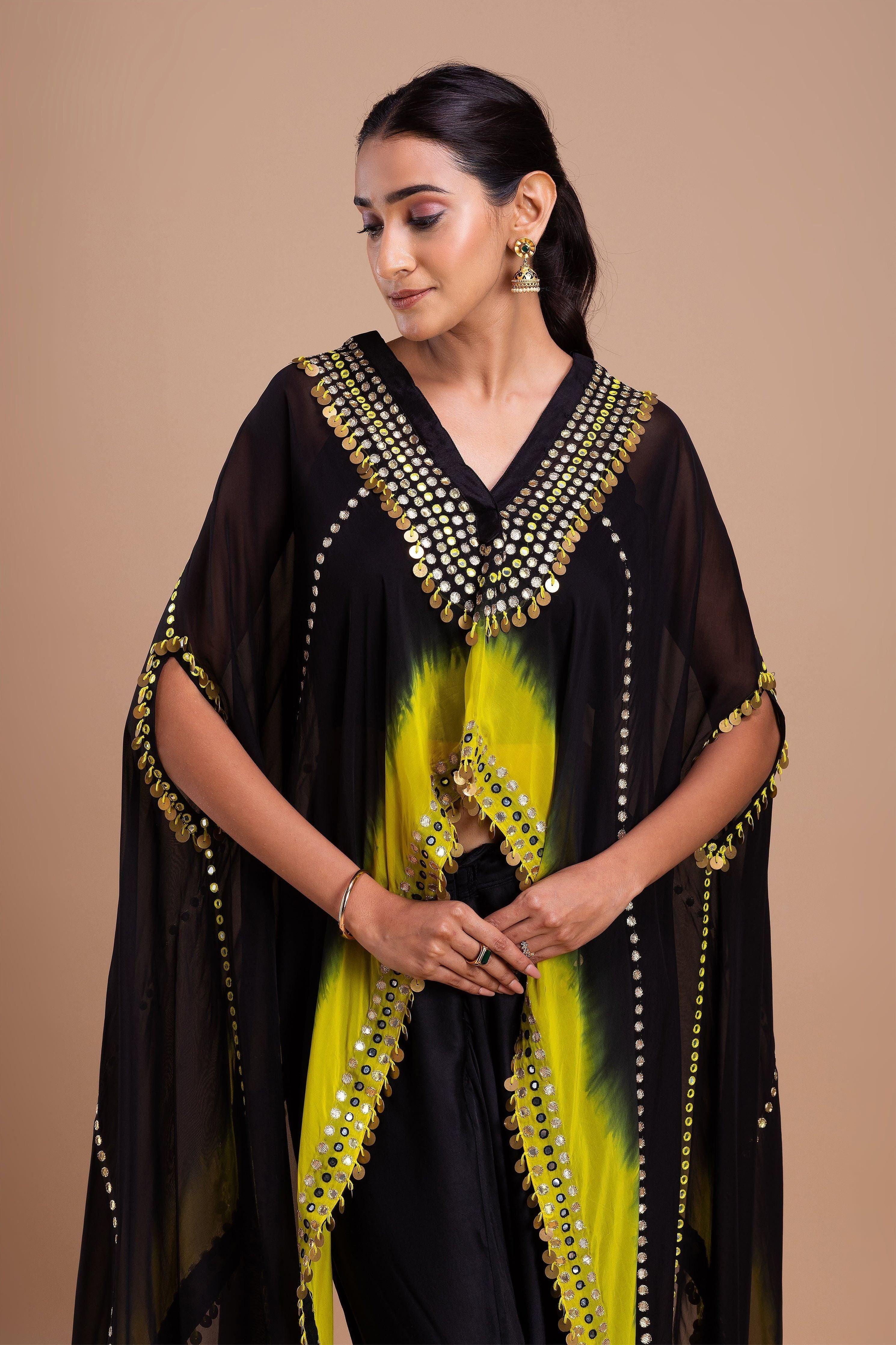 Black And Vibrant Yellow Ombre Indowestern Set - Mokshaa