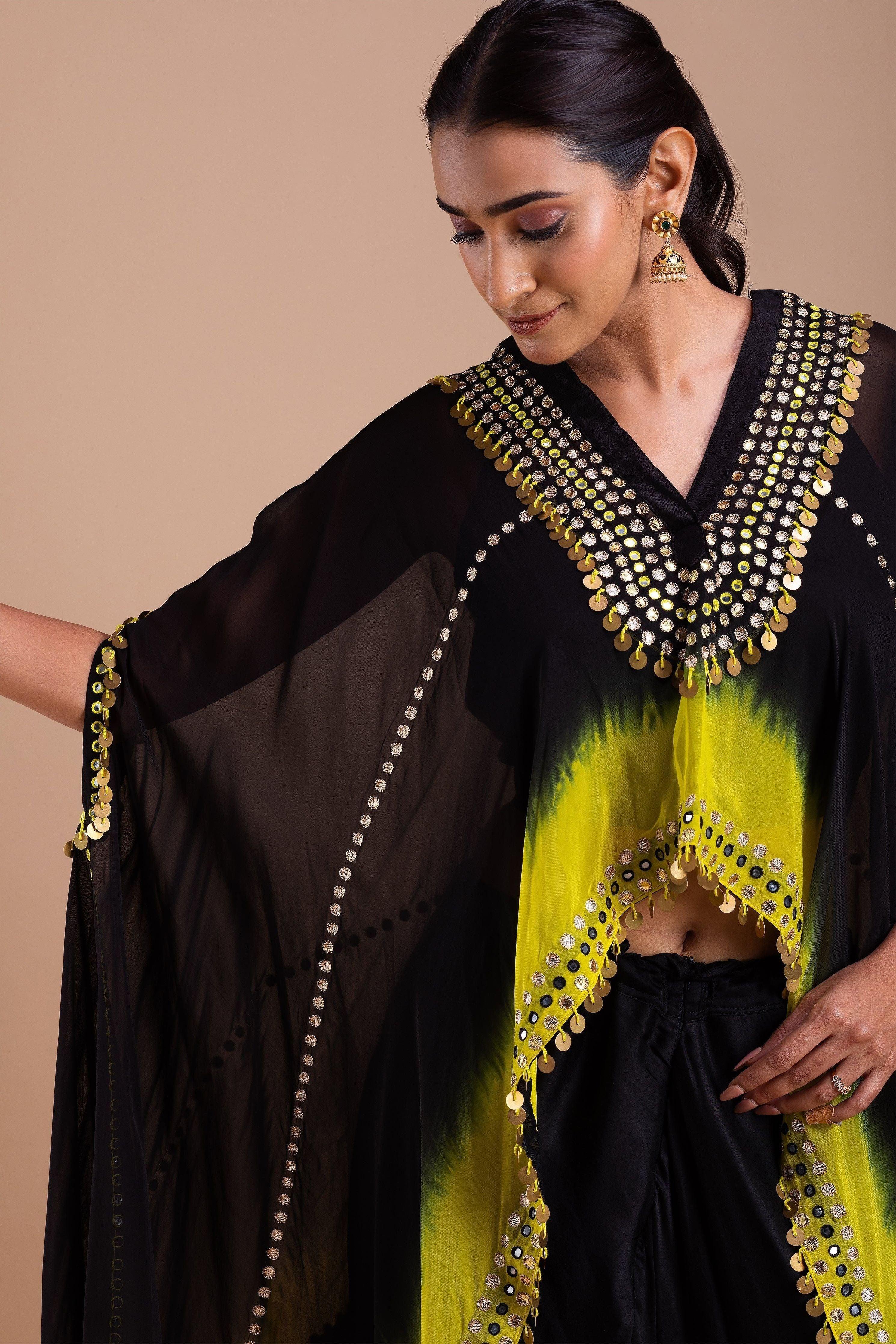 Black And Vibrant Yellow Ombre Indowestern Set - Mokshaa