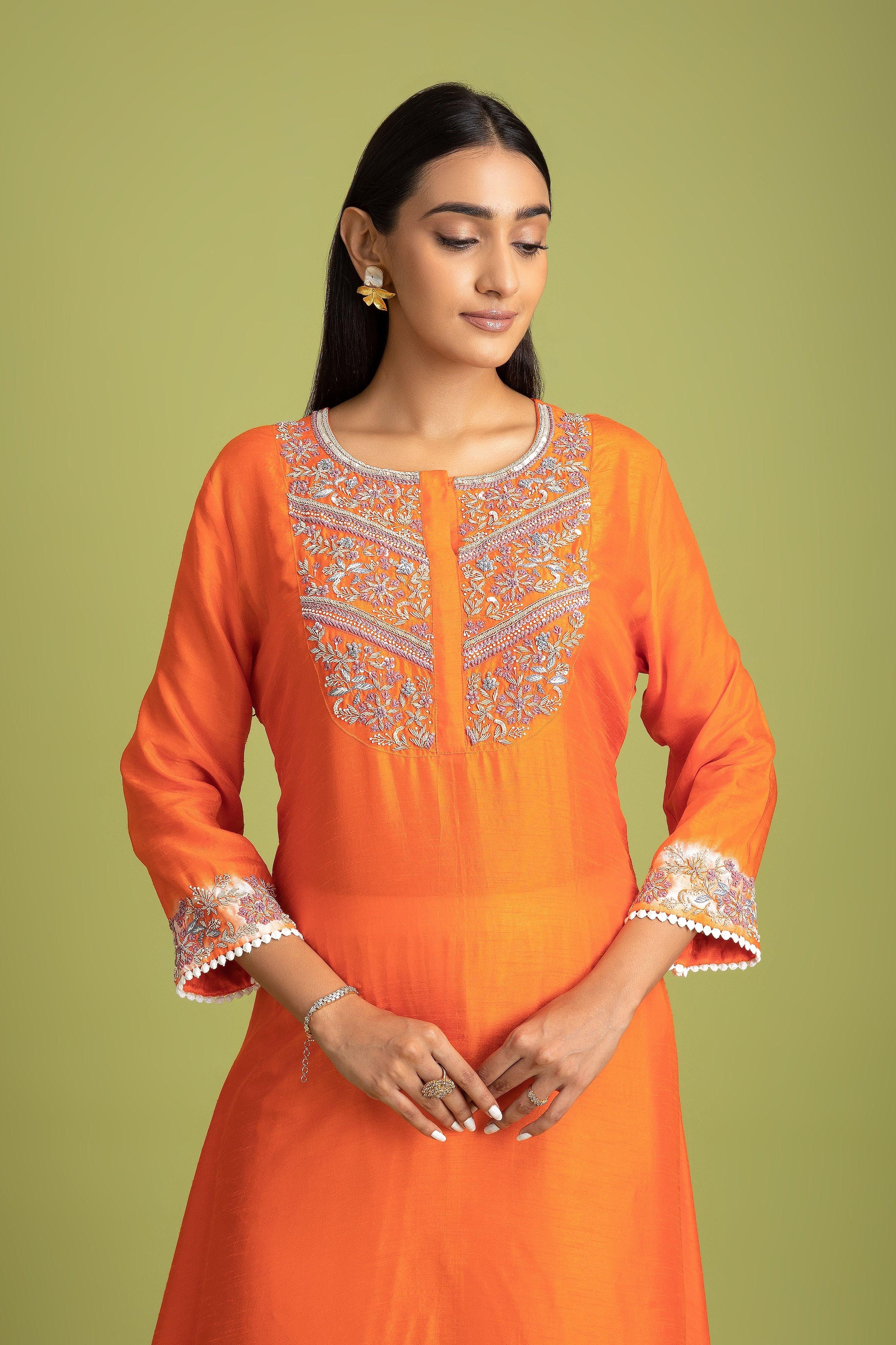 Orange Tie-Dye Embroidered Kurti Set - Mokshaa