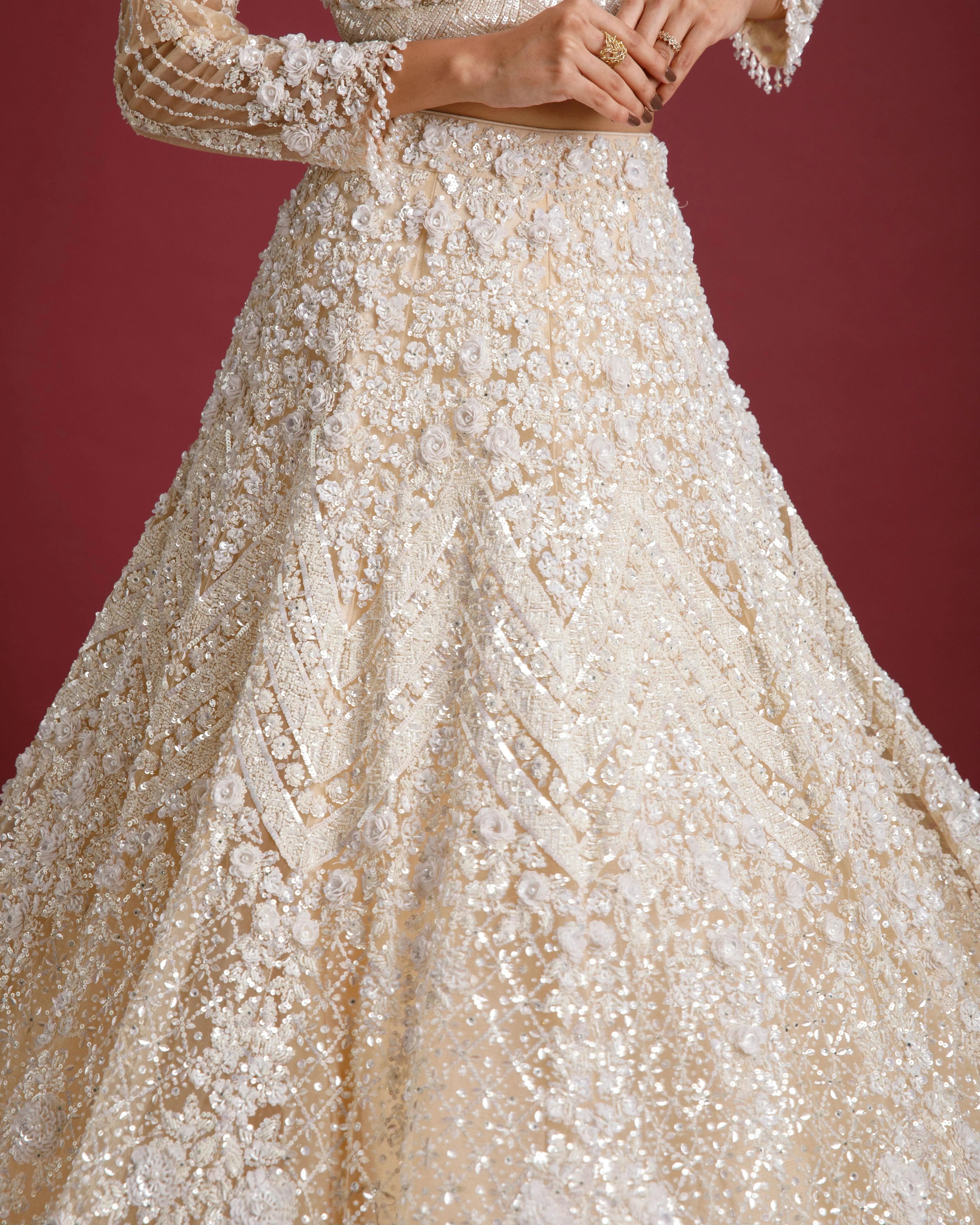Beige Net Embroidered Lehenga Set - Mokshaa