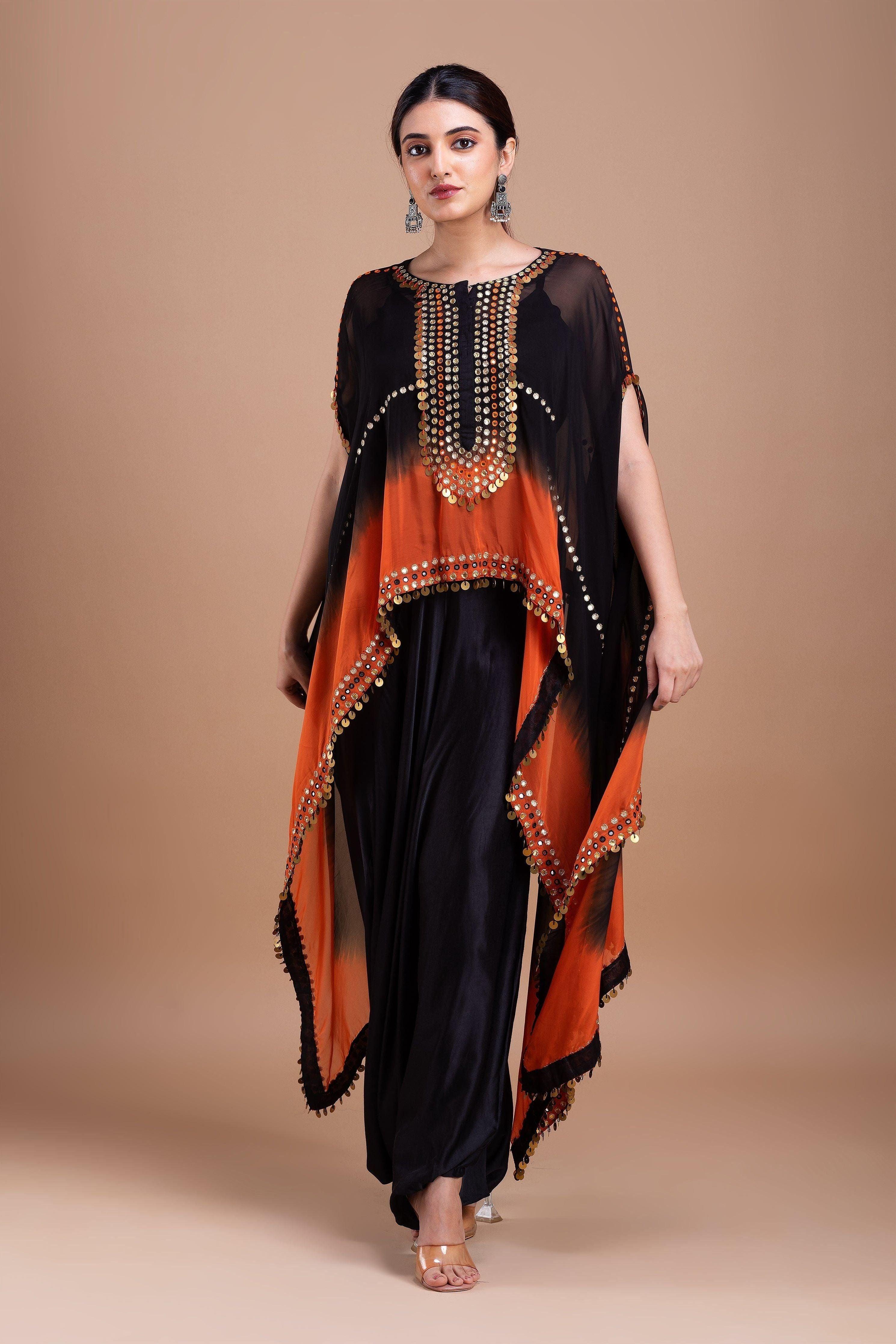 Black And Orange Ombre Indowestern Set - Mokshaa