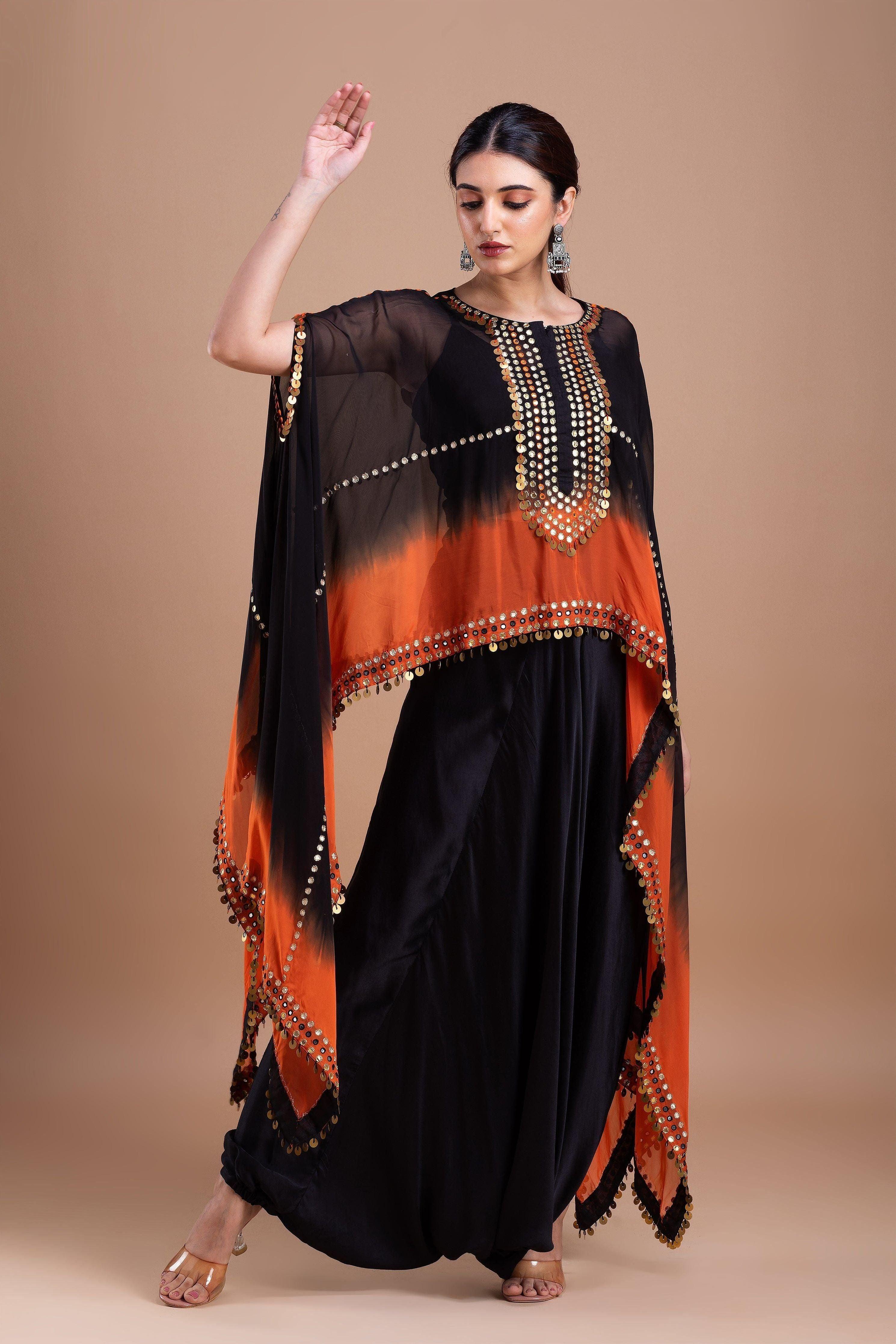 Black And Orange Ombre Indowestern Set - Mokshaa