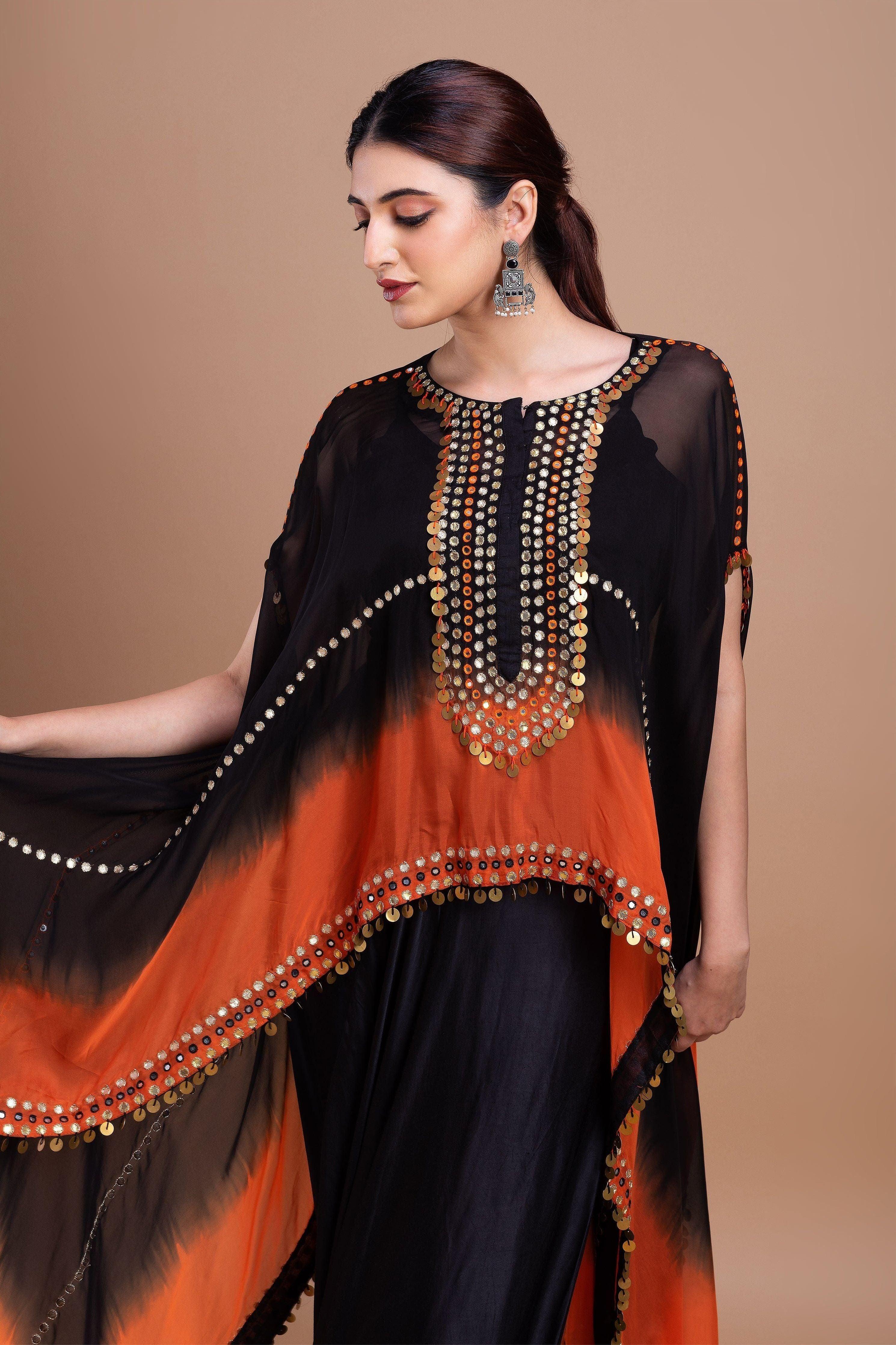 Black And Orange Ombre Indowestern Set - Mokshaa