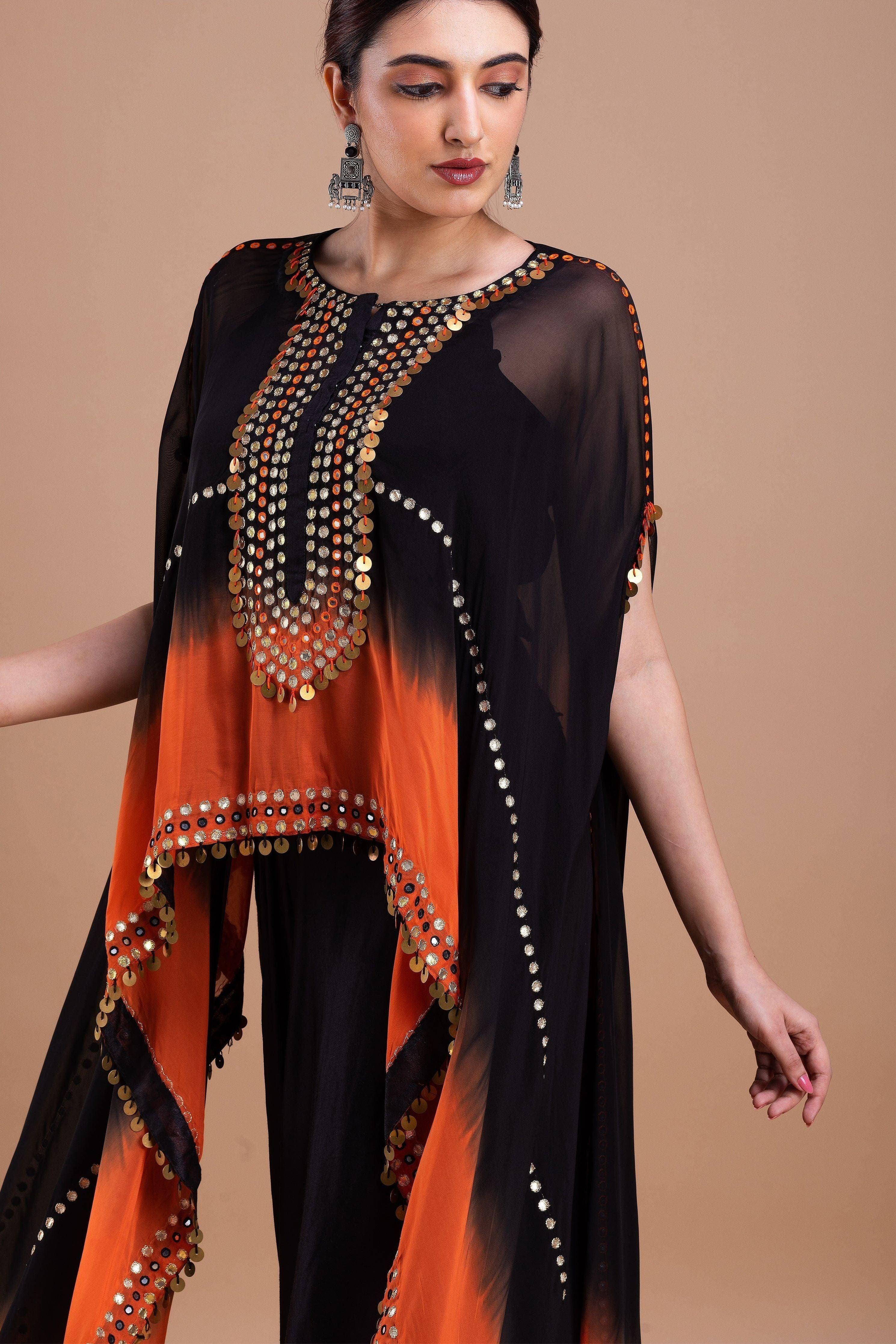 Black And Orange Ombre Indowestern Set - Mokshaa