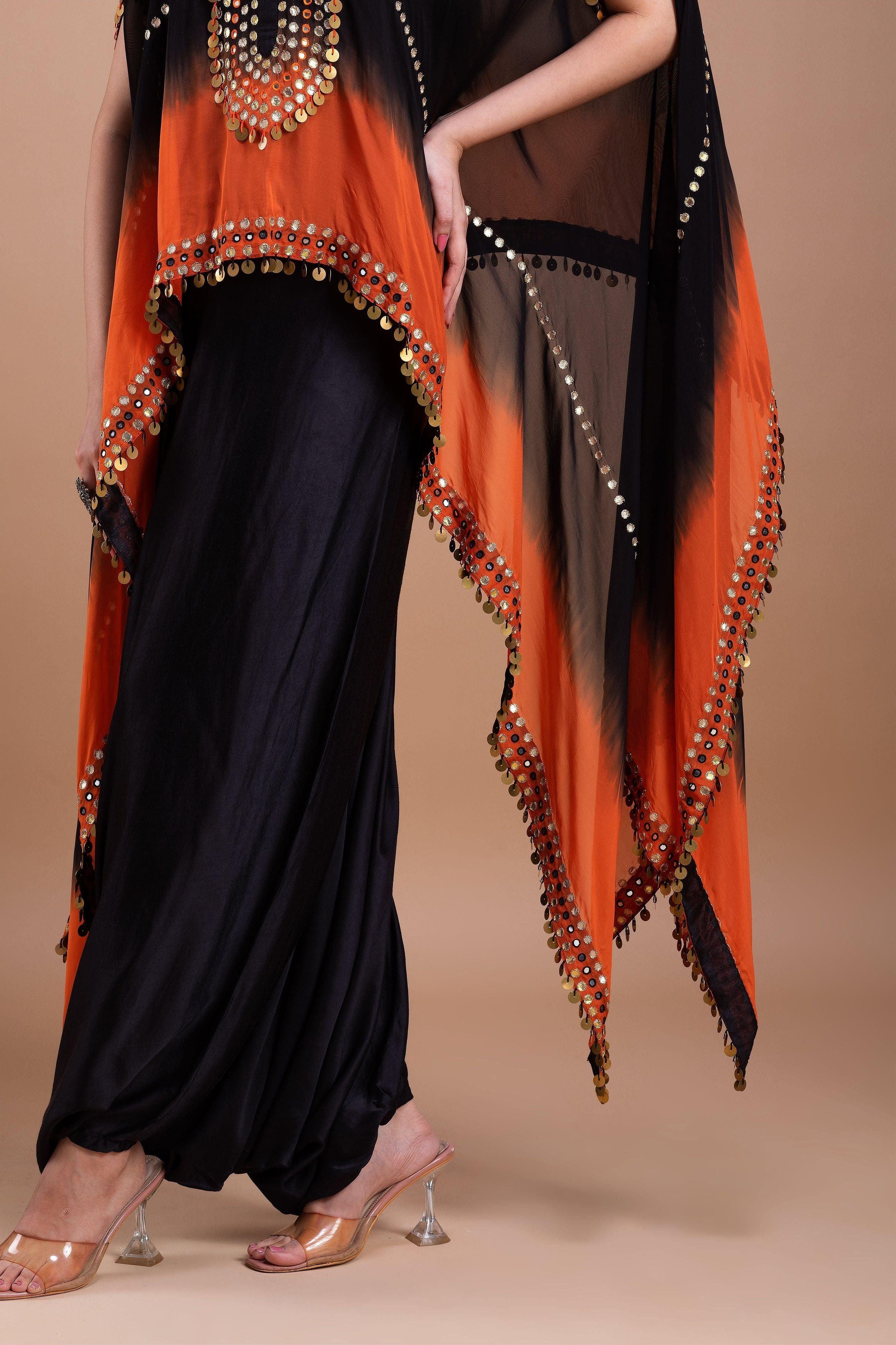 Black And Orange Ombre Indowestern Set - Mokshaa