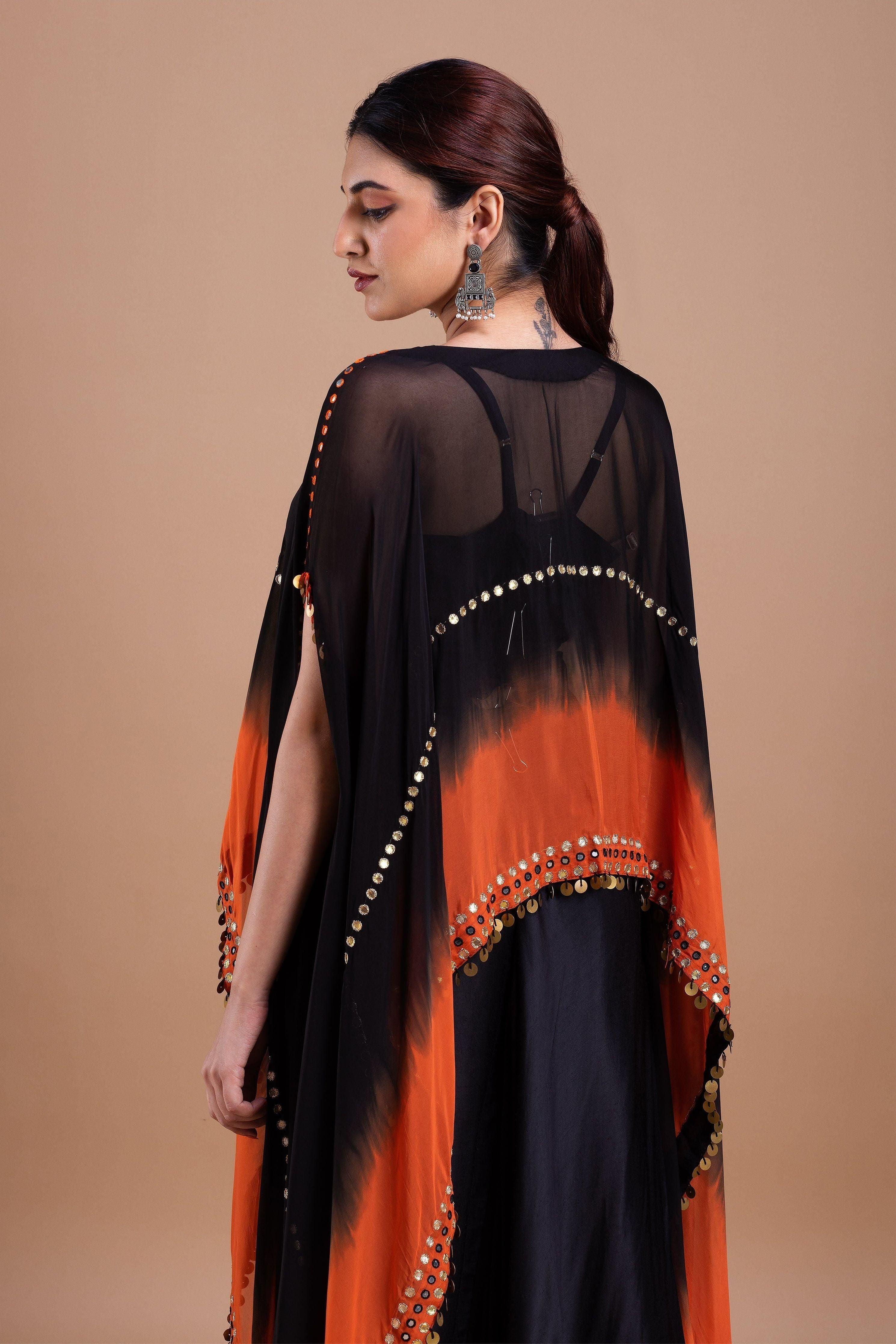 Black And Orange Ombre Indowestern Set - Mokshaa