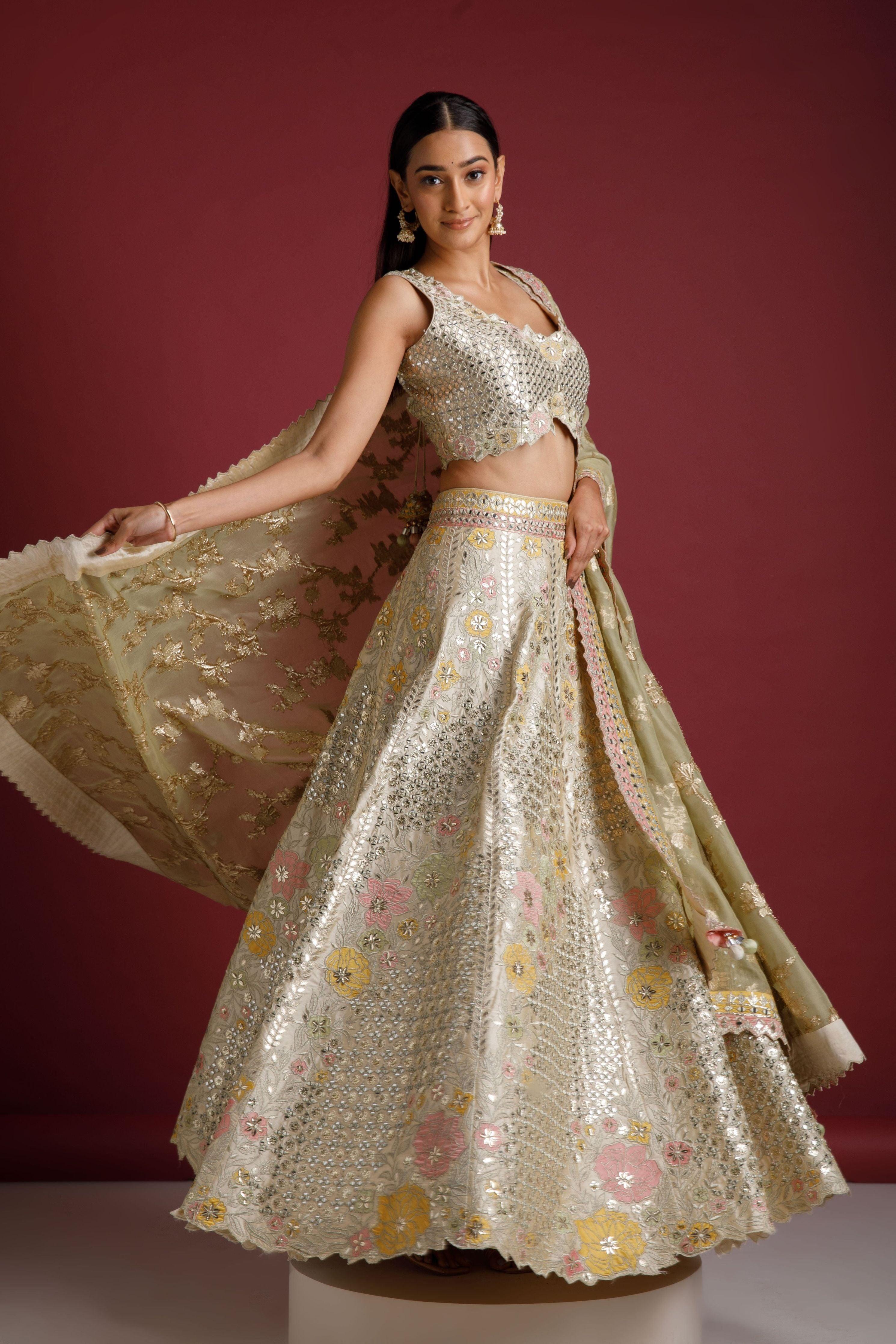 Ivory Lehenga With Mirror Work - Mokshaa