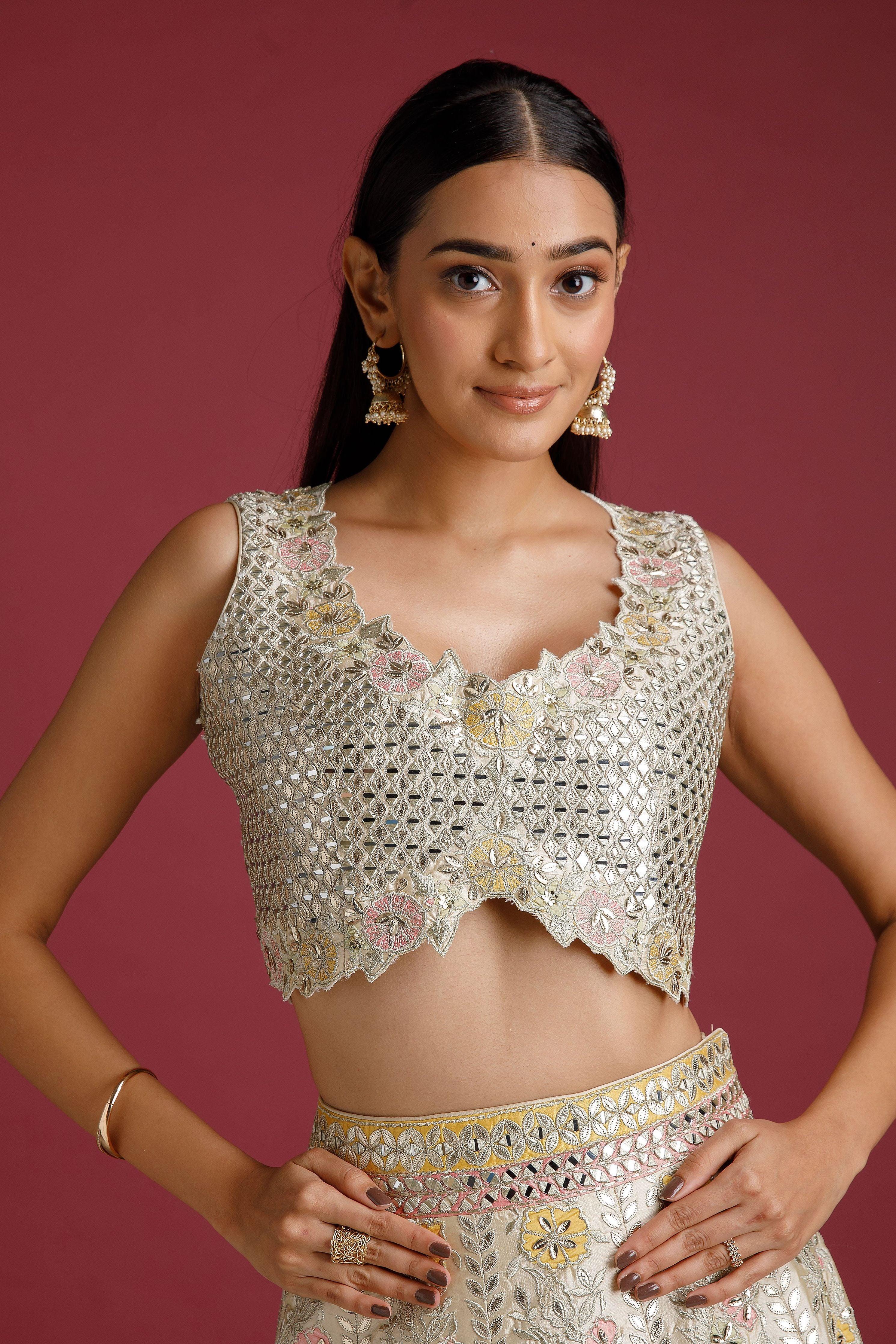Ivory Lehenga With Mirror Work - Mokshaa