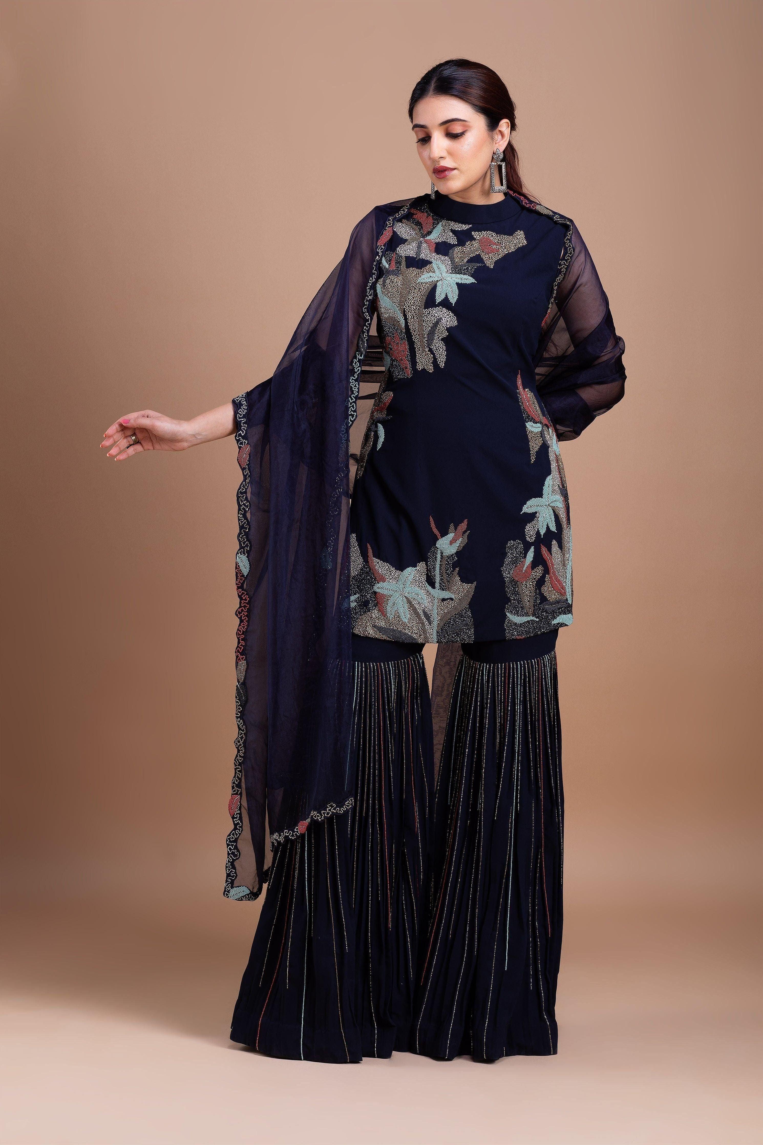 Black Cheed Floral Sharara Suit Set - Mokshaa
