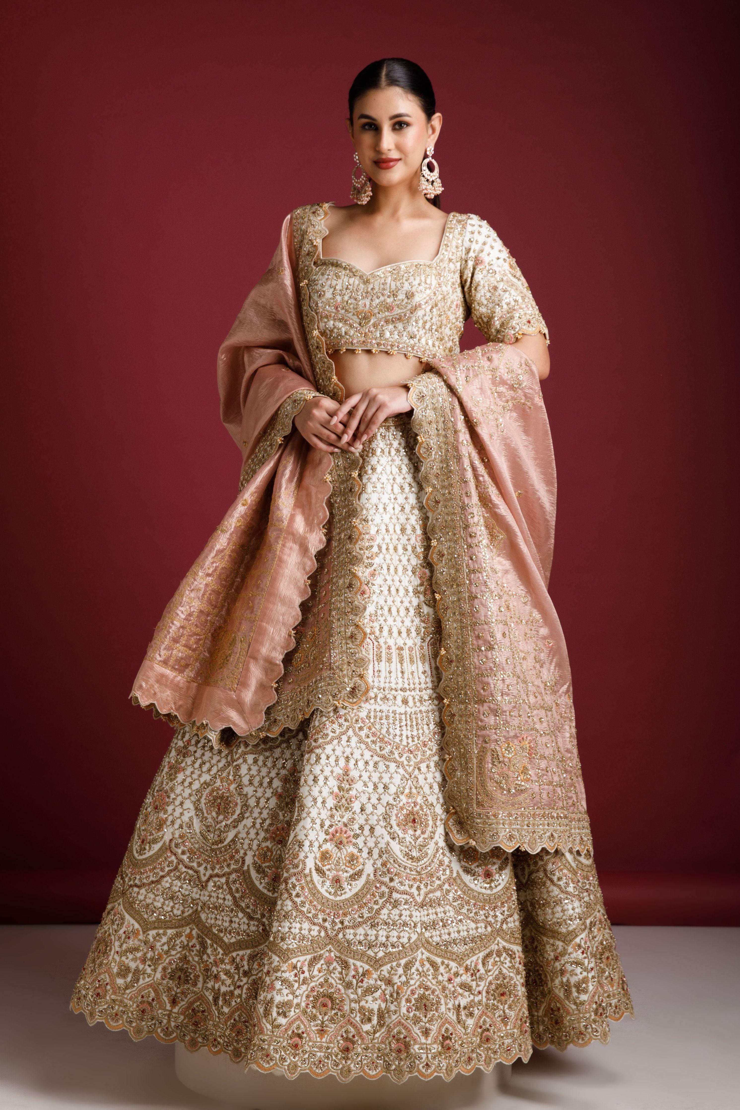 Ivory Raw Silk Lehenga Set - Mokshaa