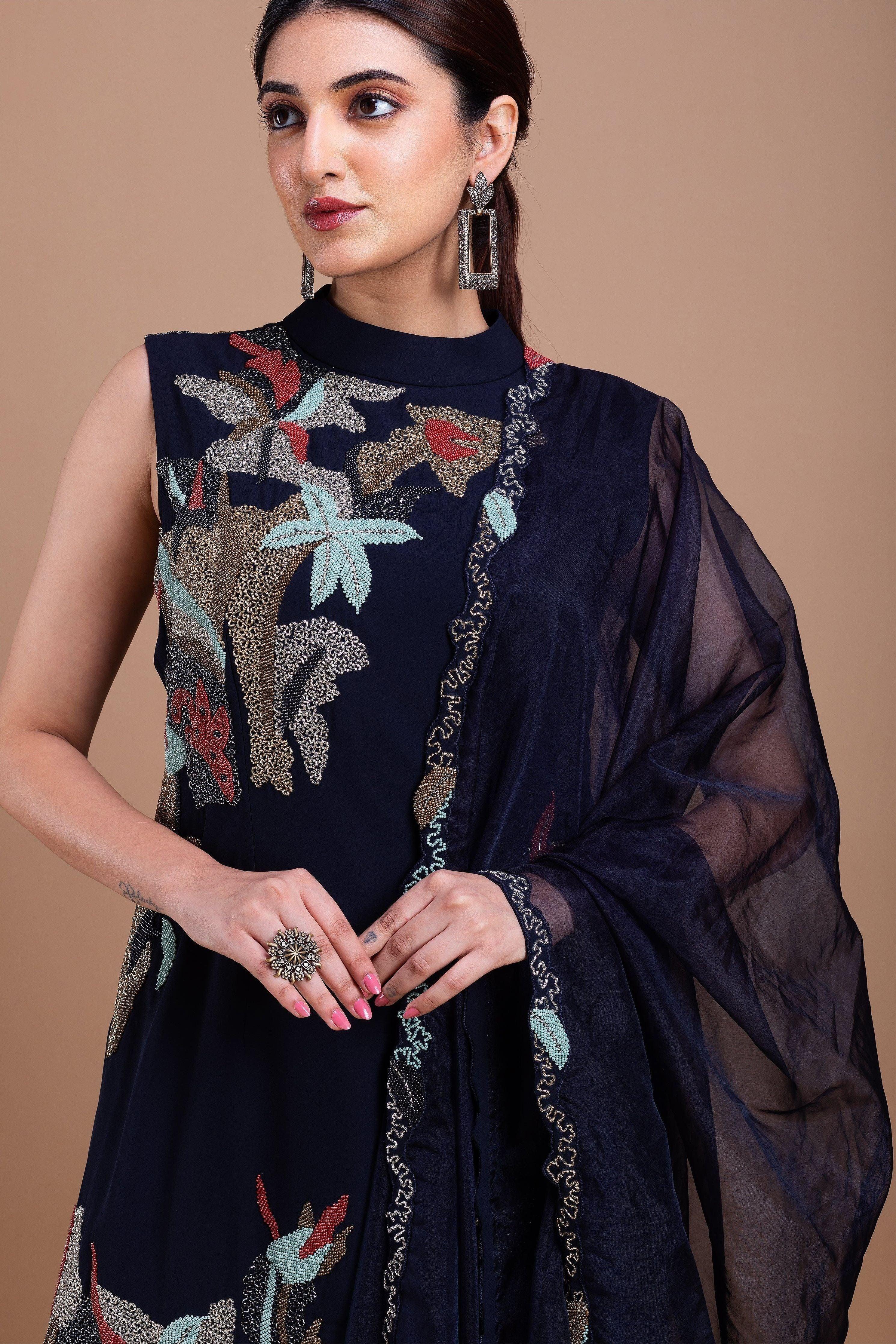 Black Cheed Floral Sharara Suit Set - Mokshaa