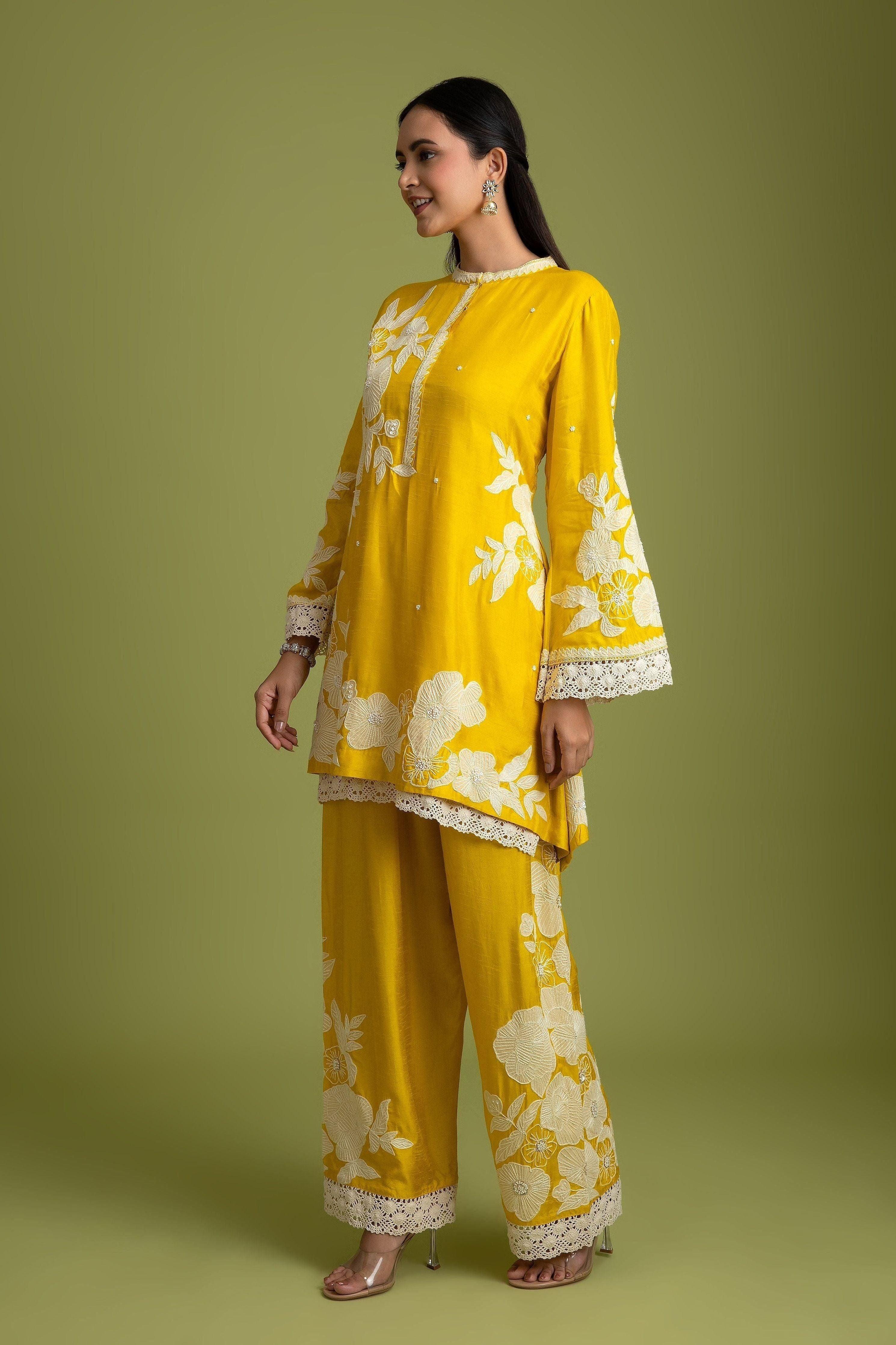 Yellow Silk Short Kurta And Trousers Set - Mokshaa