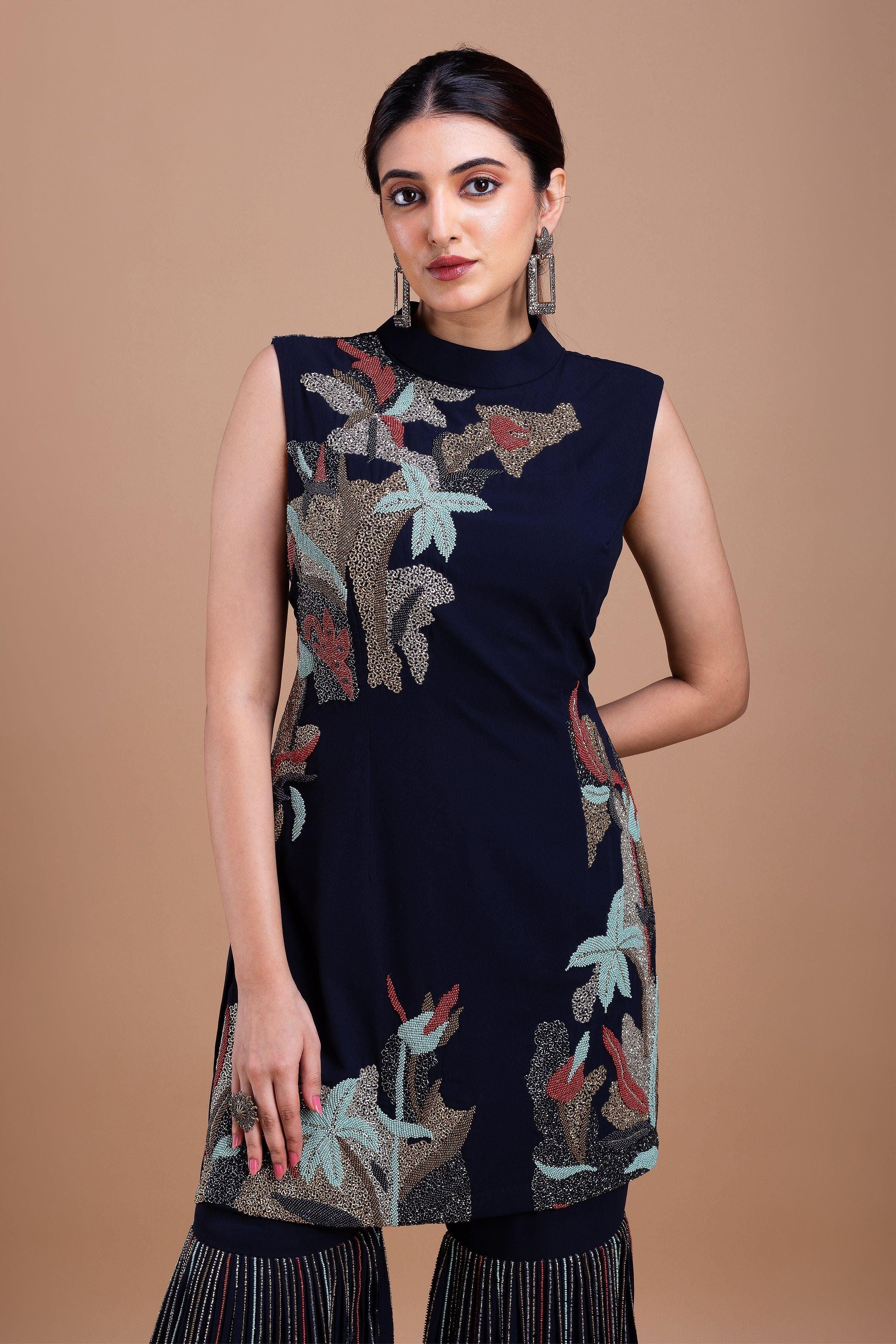 Black Cheed Floral Sharara Suit Set - Mokshaa