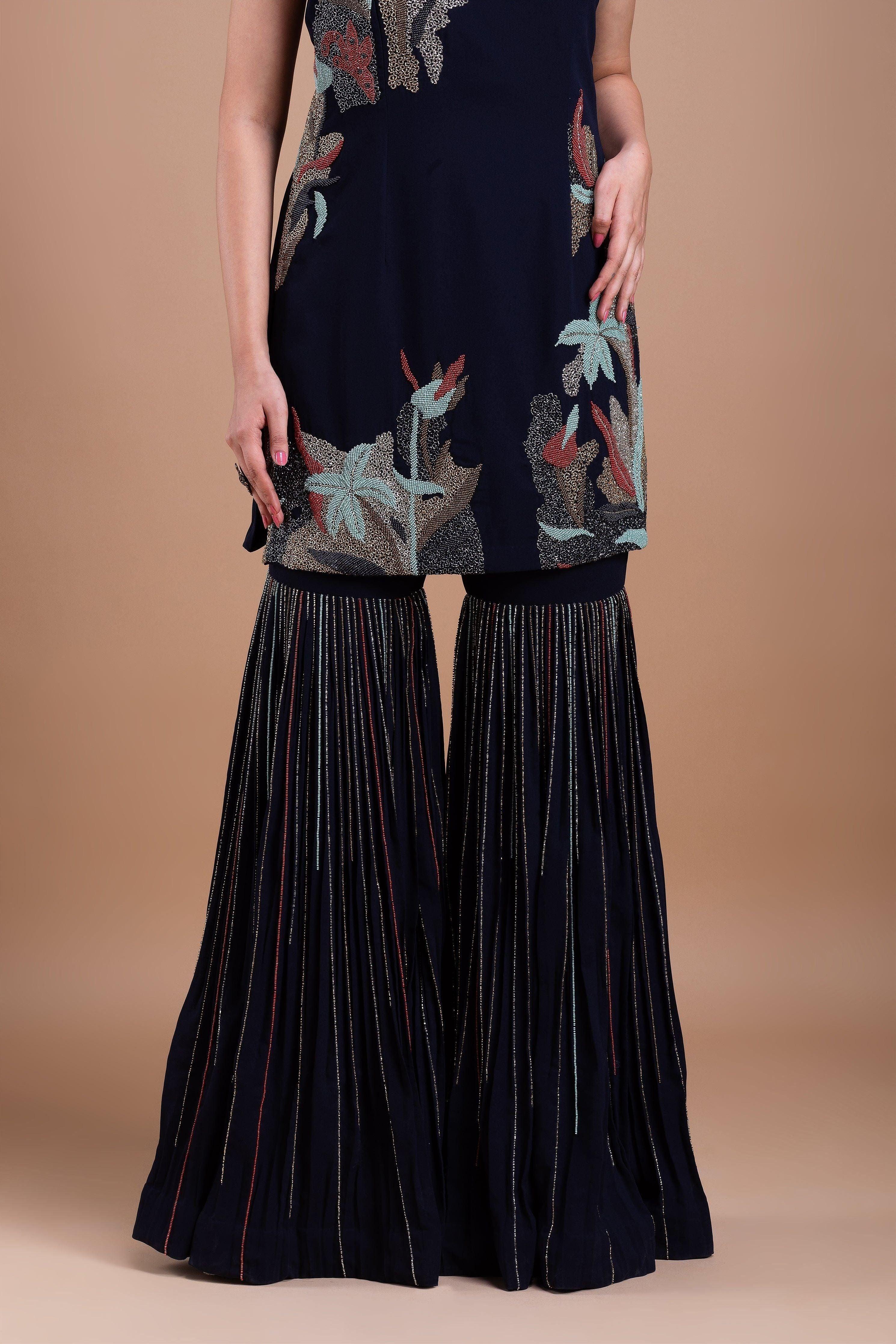 Black Cheed Floral Sharara Suit Set - Mokshaa