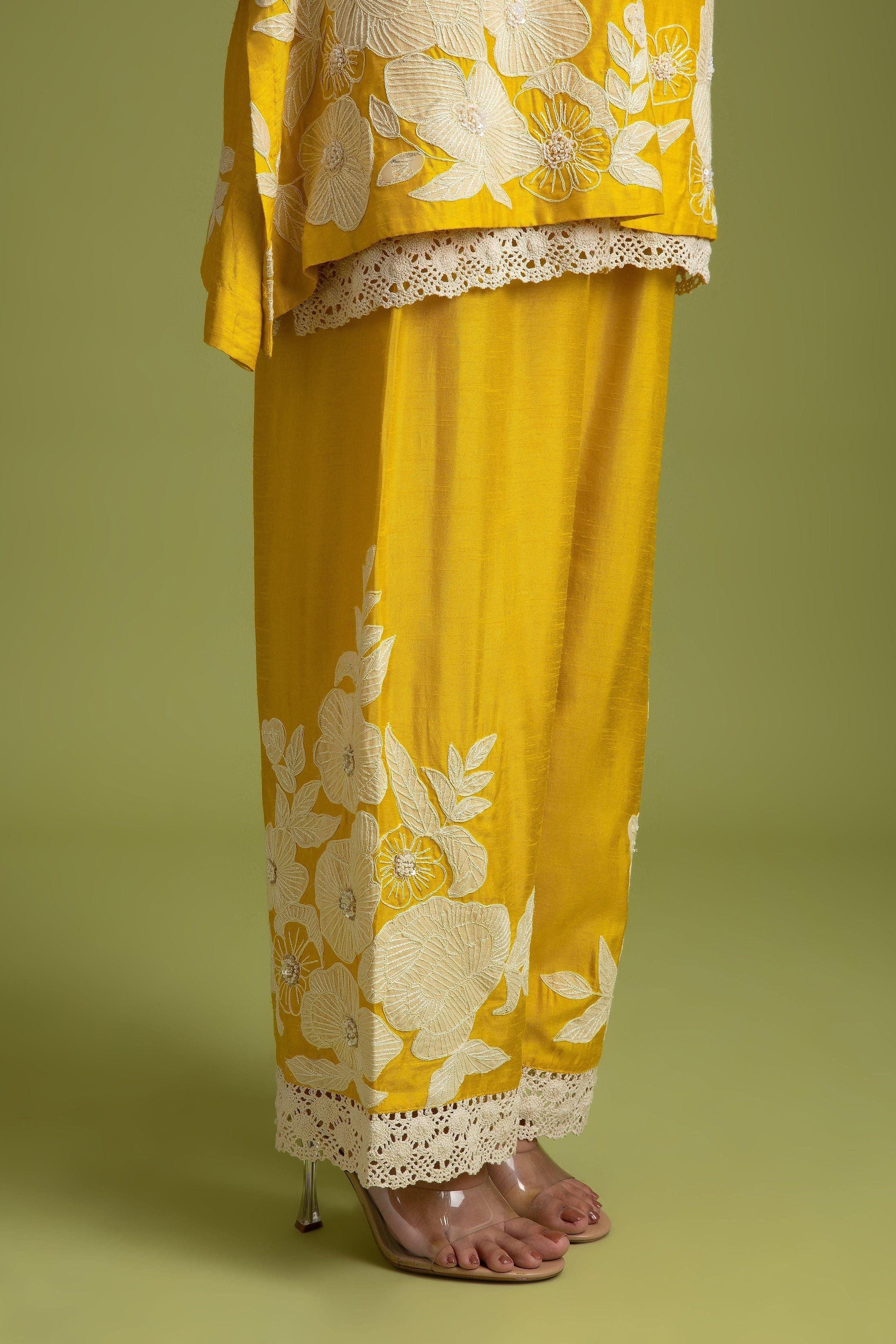 Yellow Silk Short Kurta And Trousers Set - Mokshaa