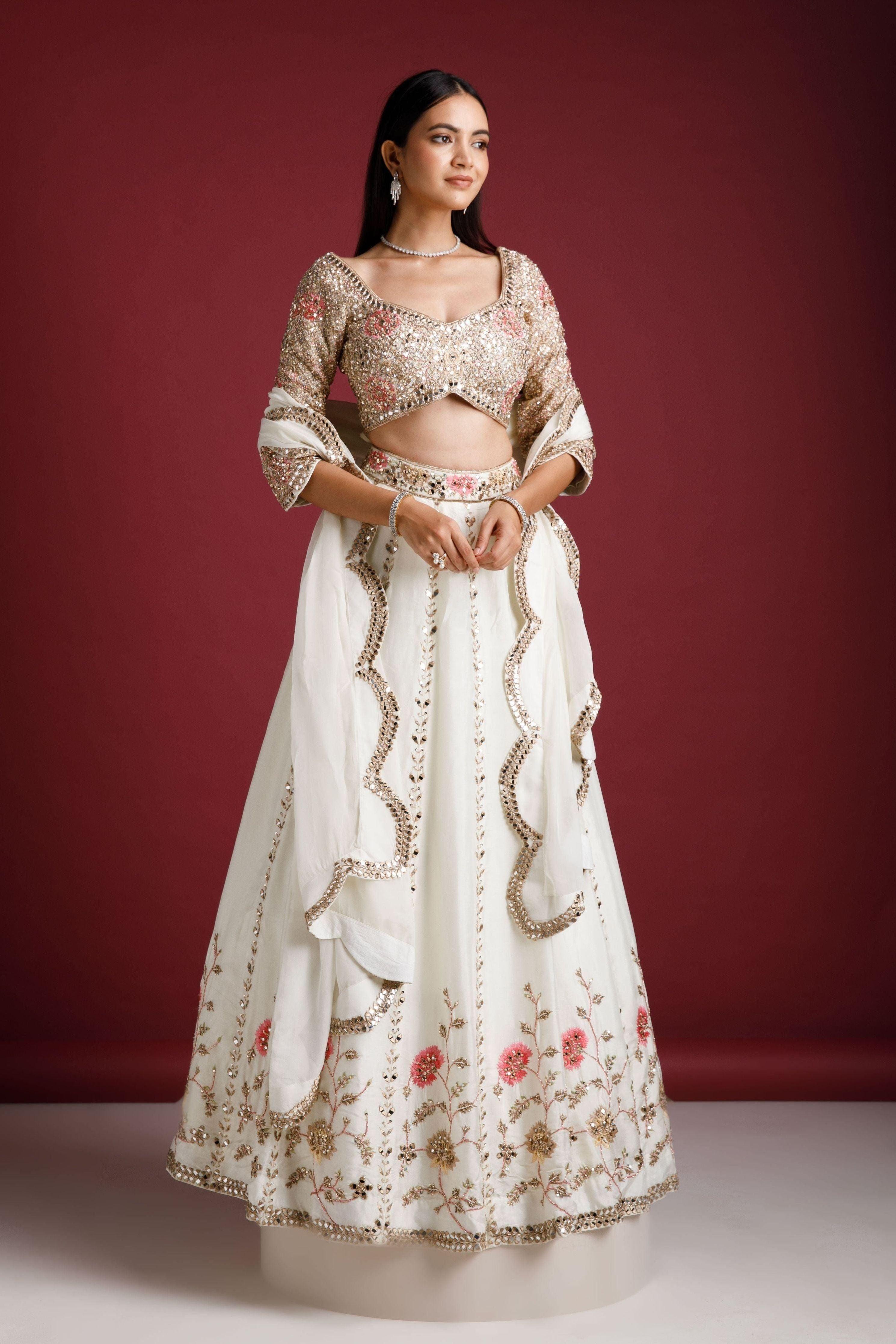 Ivory Embroidered Lehenga With Floral Motifs - Mokshaa