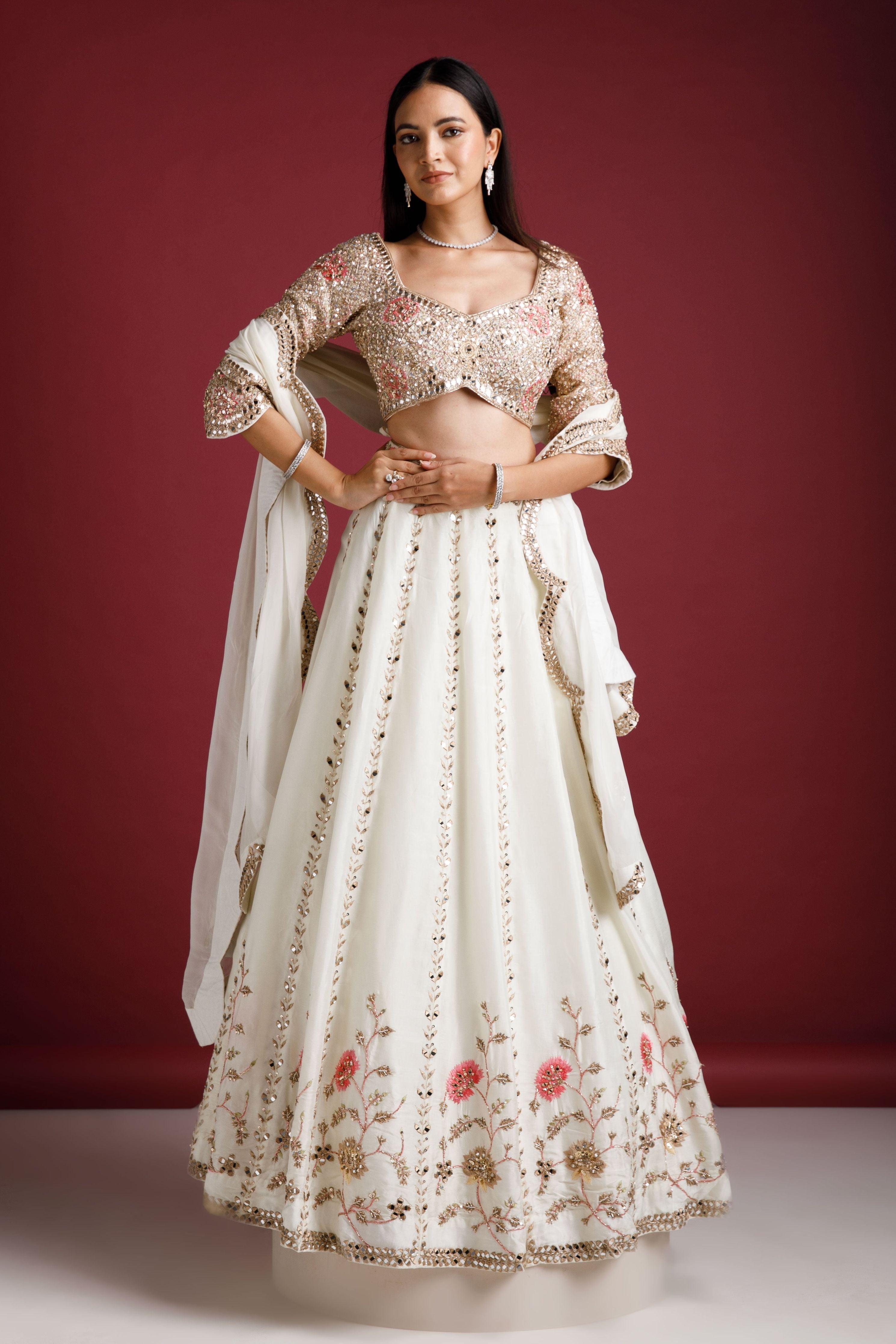 Ivory Embroidered Lehenga With Floral Motifs - Mokshaa