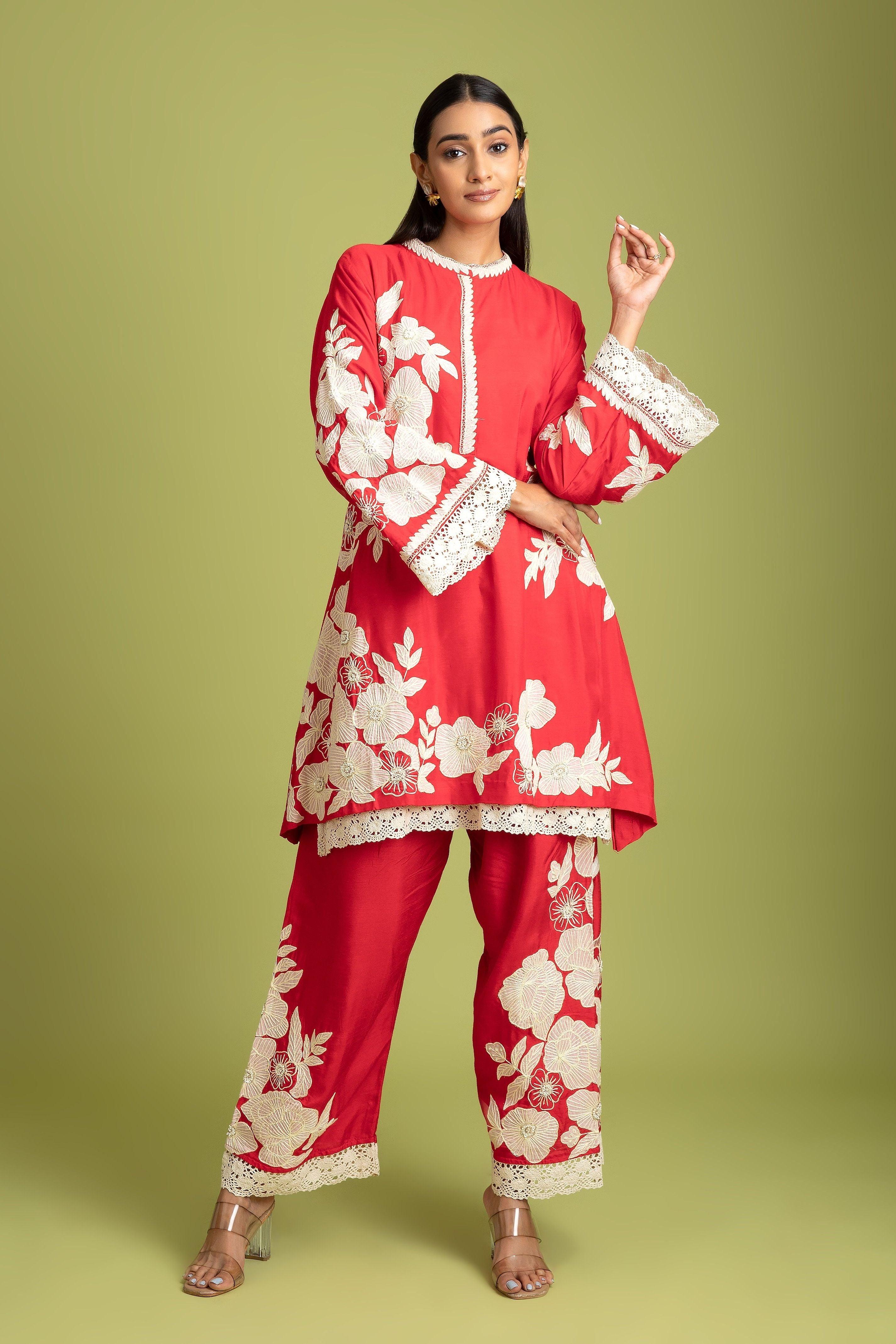 Red Silk Short Kurta And Trousers Set | Kurti | Mokshaa