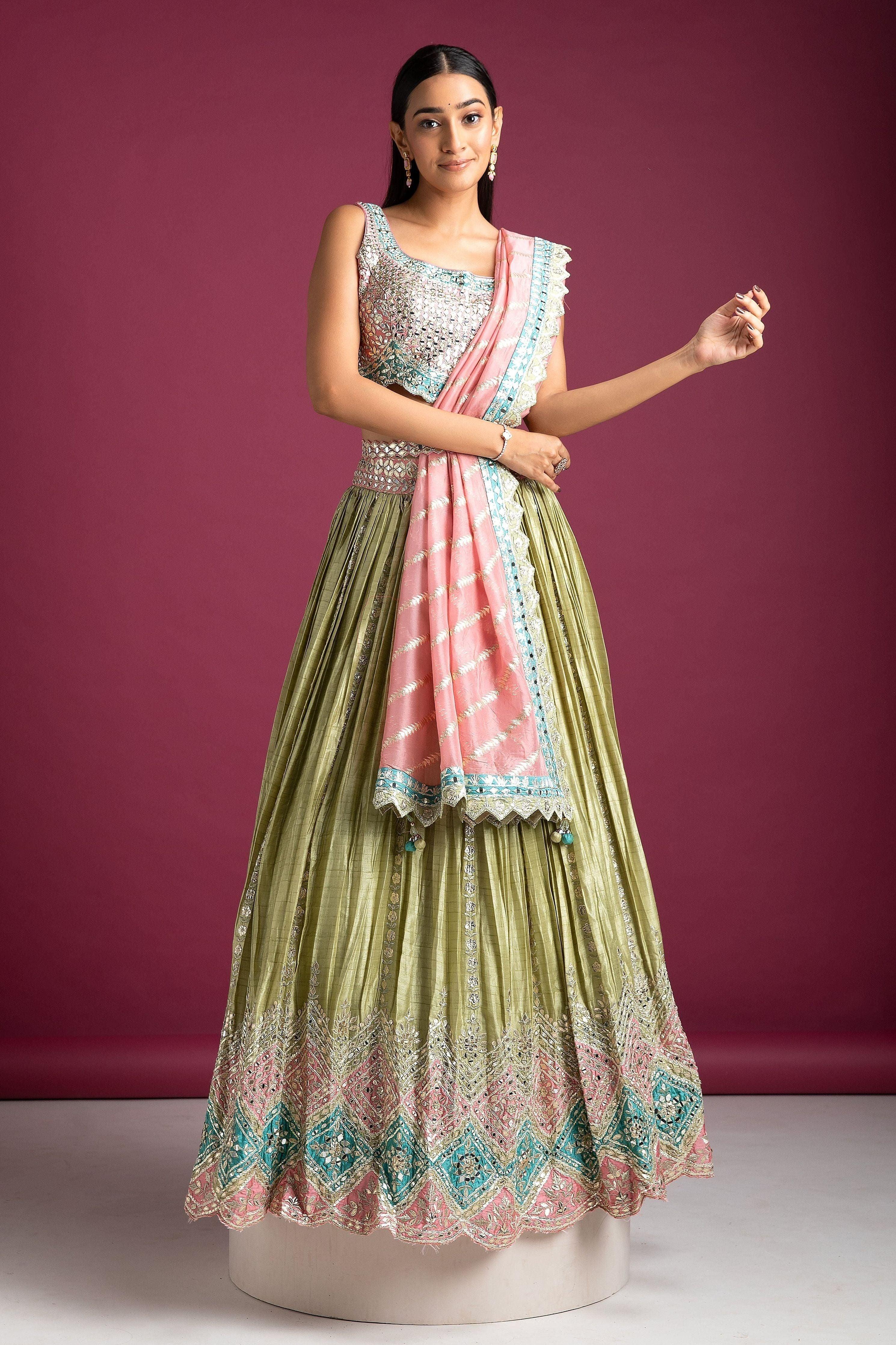 Pastel Green And Pink Embroidered Lehenga - Mokshaa