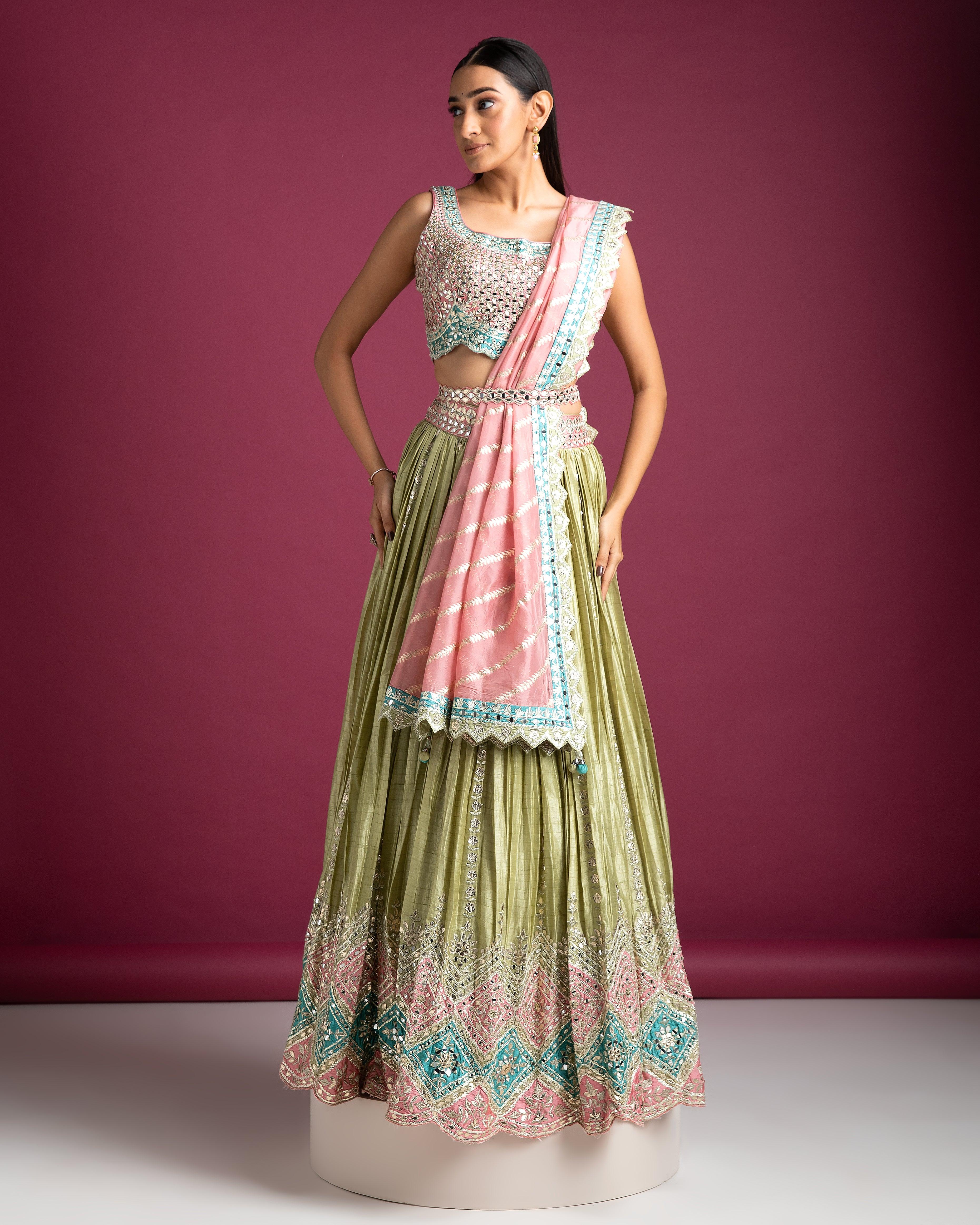 Pastel Green And Pink Embroidered Lehenga - Mokshaa