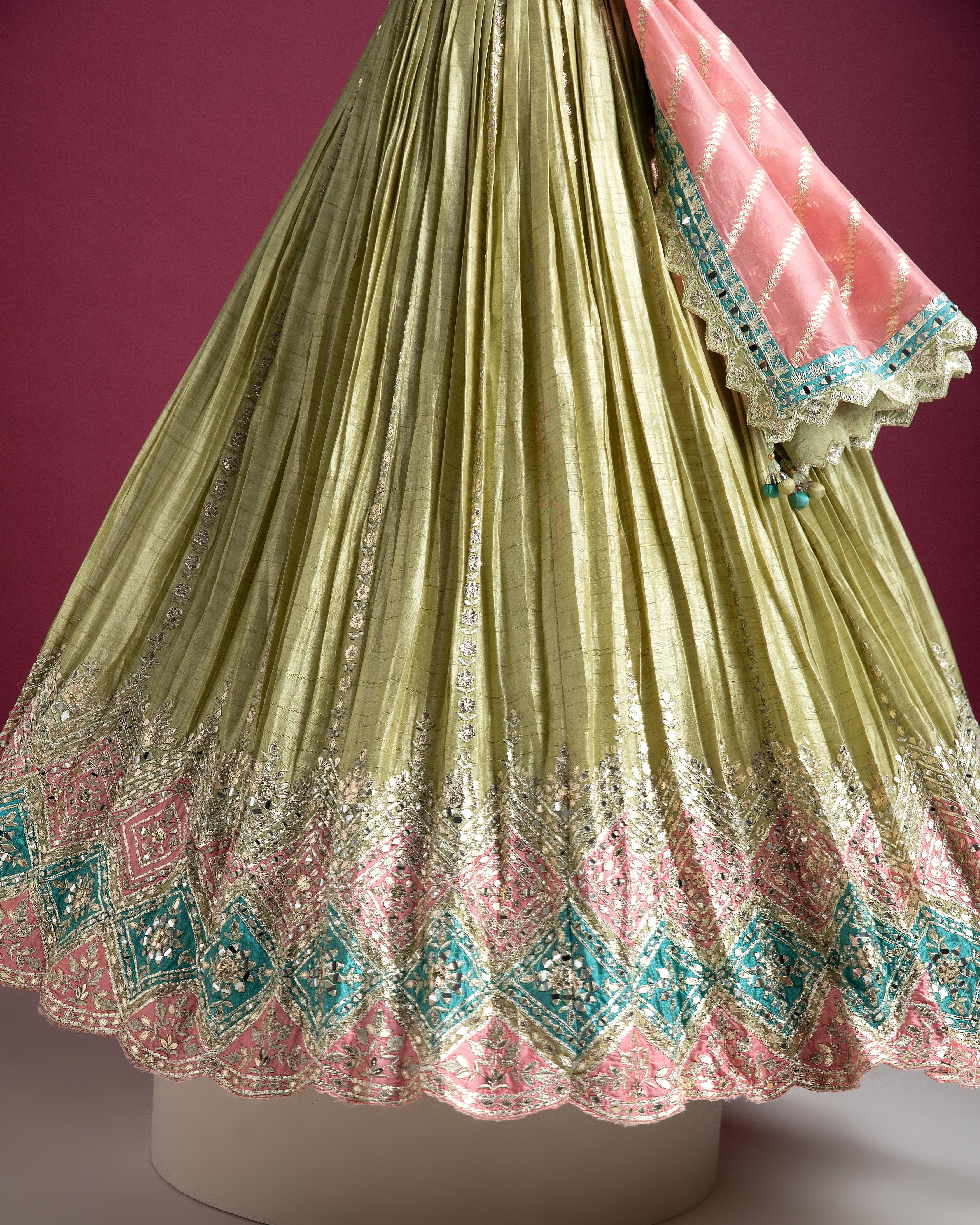 Pastel Green And Pink Embroidered Lehenga - Mokshaa