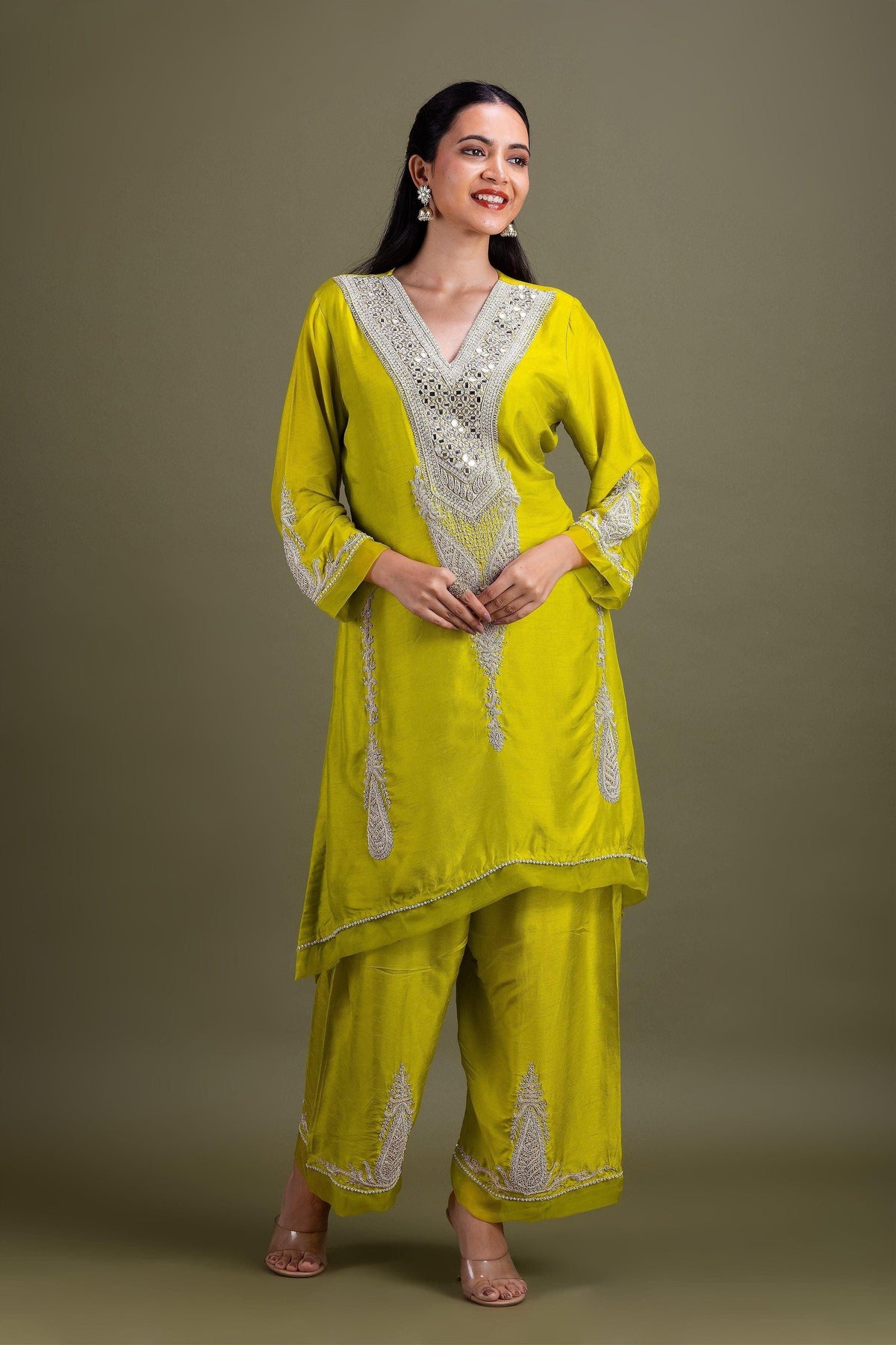 Lime Green Embroidered Kurta Set | Kurti | Mokshaa