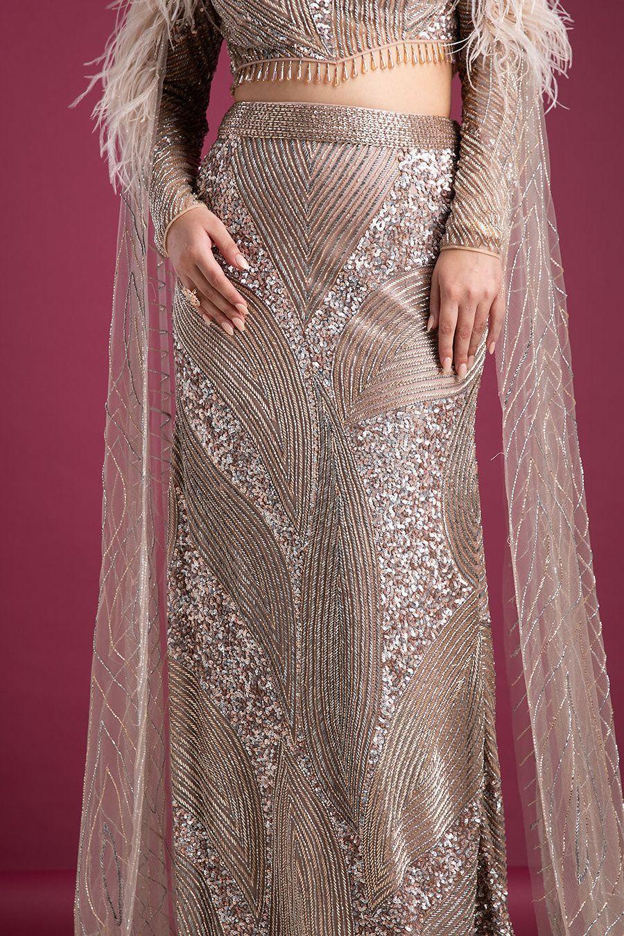 Glamorous Embellished Skirt And Blouse With Feathered Sleeves - Mokshaa