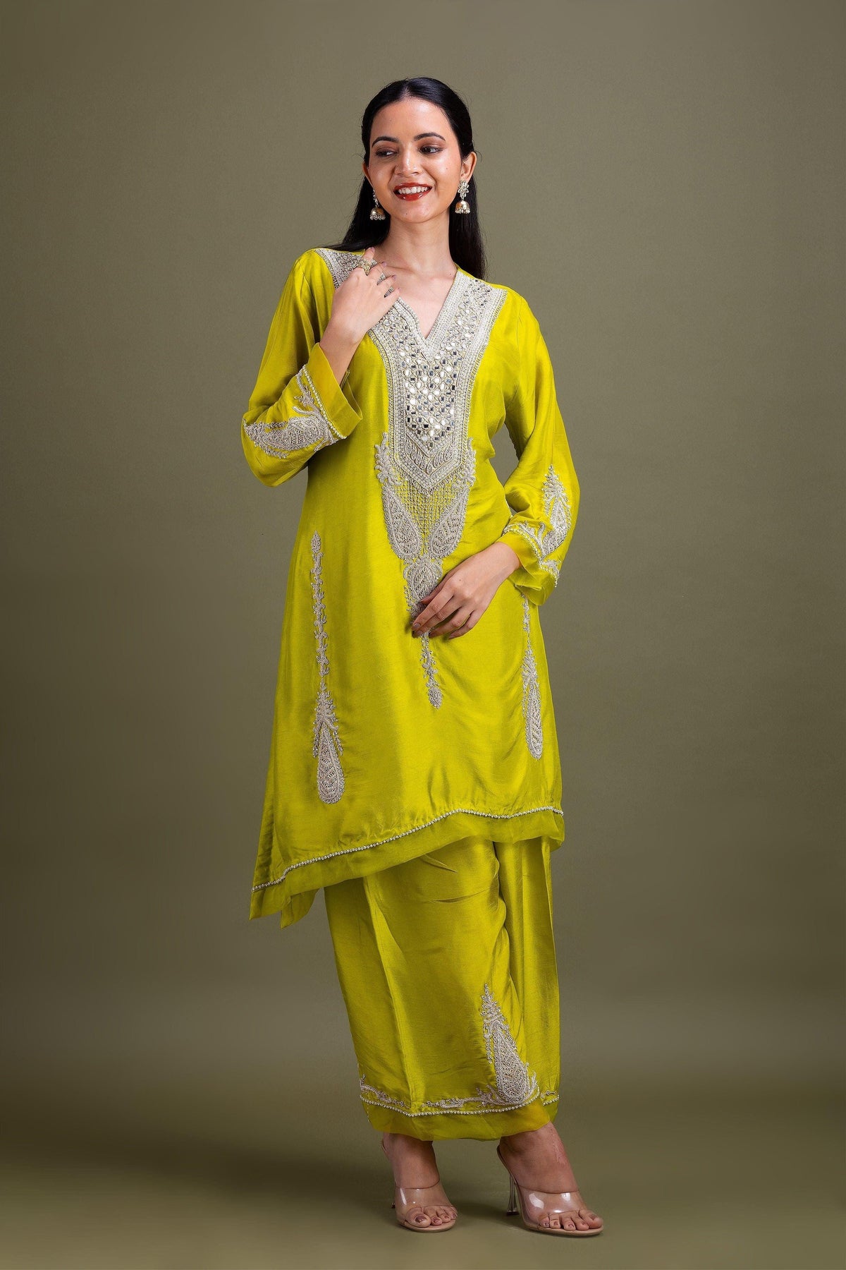 Lime Green Embroidered Kurta Set | Kurti | Mokshaa