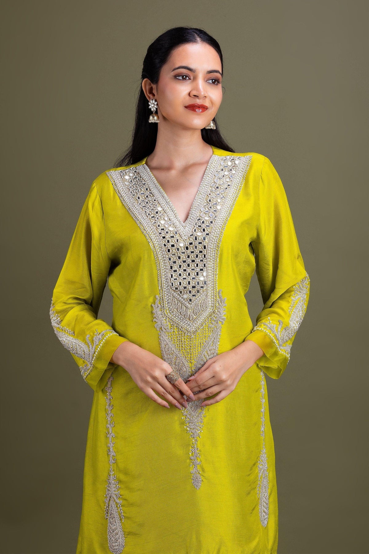 Lime Green Embroidered Kurta Set | Kurti | Mokshaa
