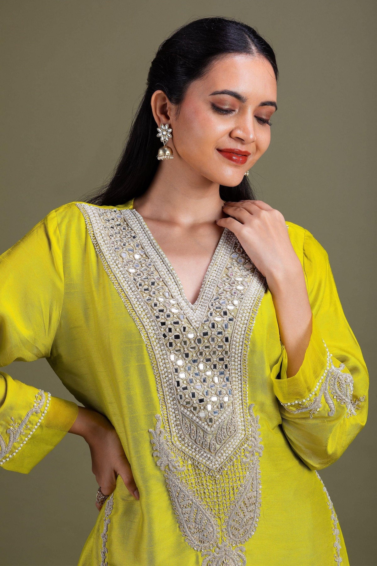 Lime Green Embroidered Kurta Set | Kurti | Mokshaa