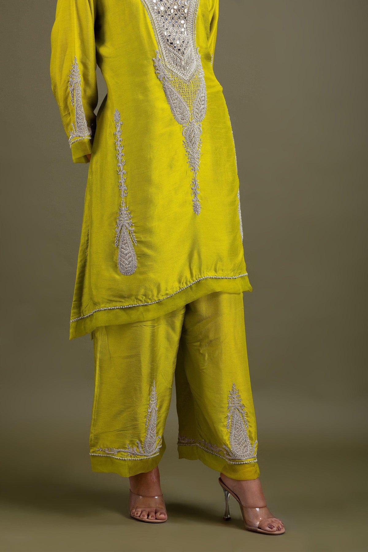 Lime Green Embroidered Kurta Set | Kurti | Mokshaa