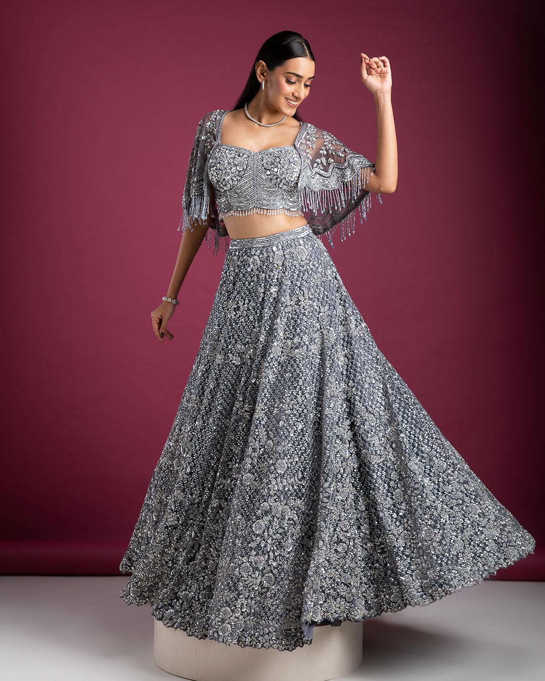 Smoky Grey Lehenga Set With Cape Blouse - Mokshaa