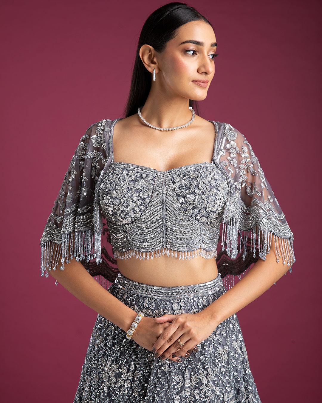 Smoky Grey Lehenga Set With Cape Blouse - Mokshaa