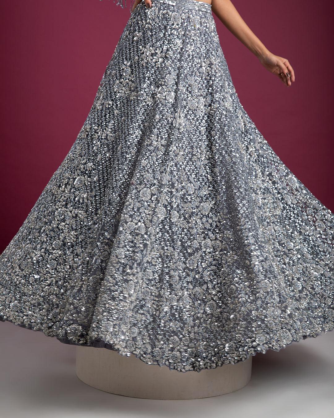 Smoky Grey Lehenga Set With Cape Blouse - Mokshaa