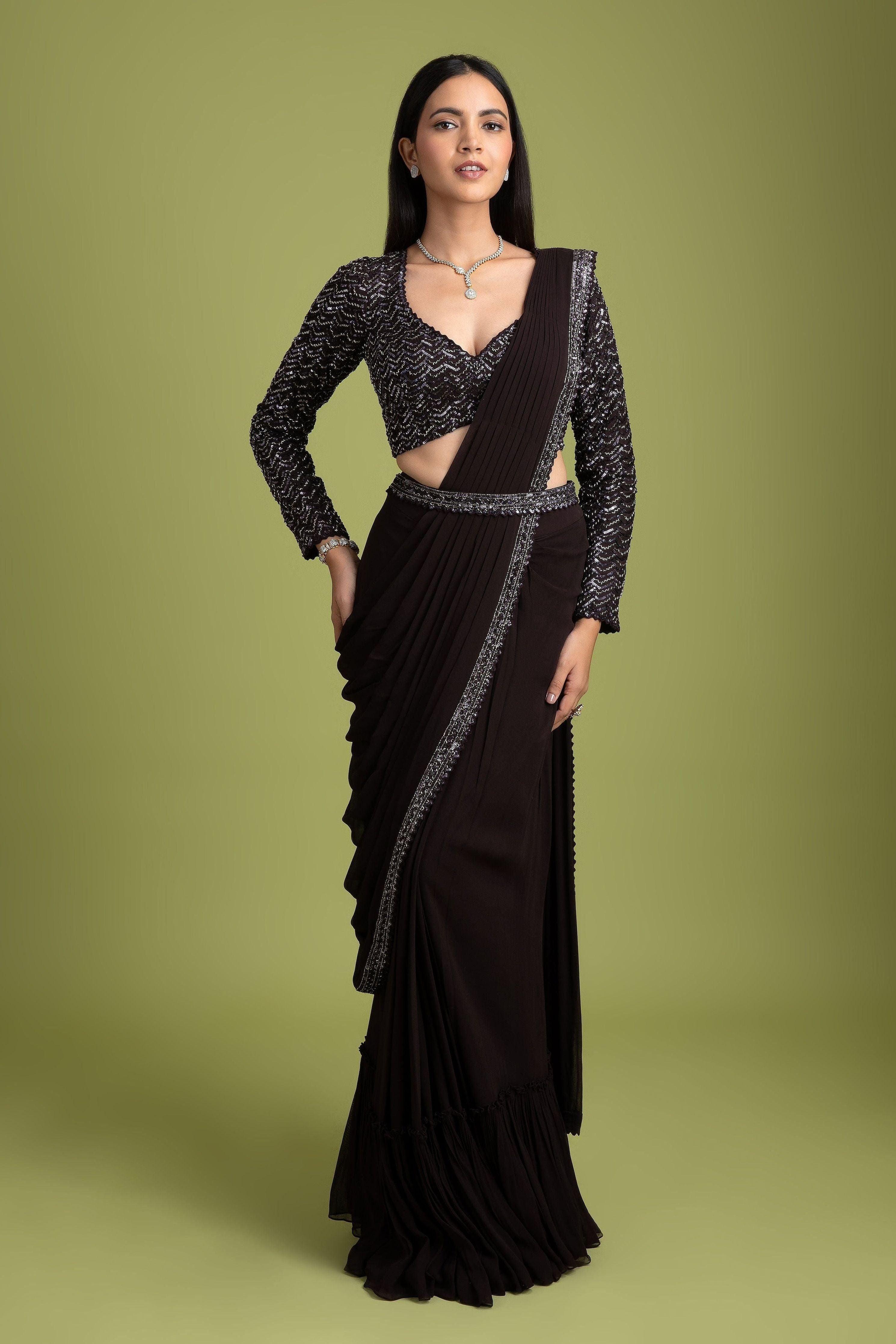 Dark Brown Georgette Drape Saree - Mokshaa