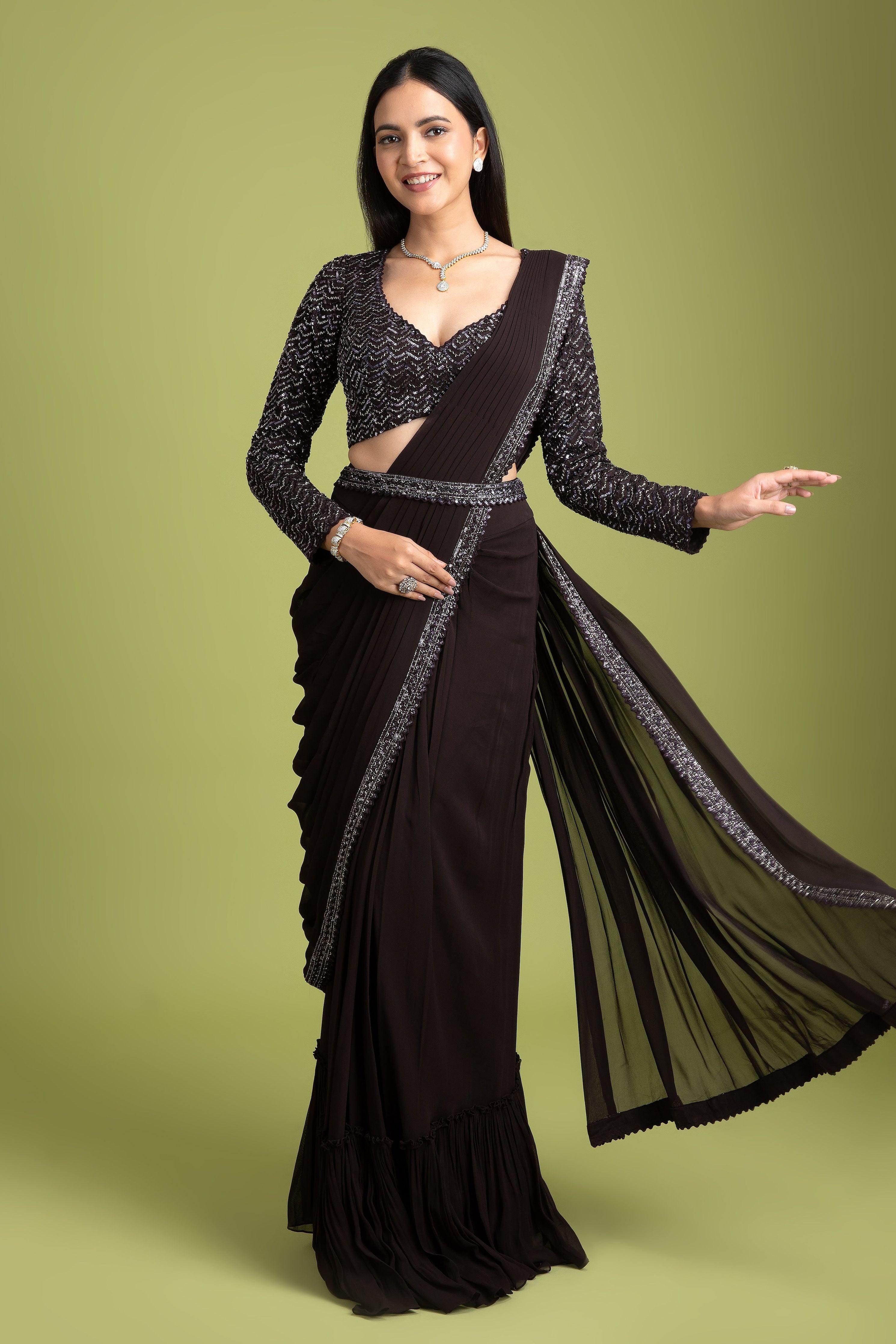 Dark Brown Georgette Drape Saree - Mokshaa