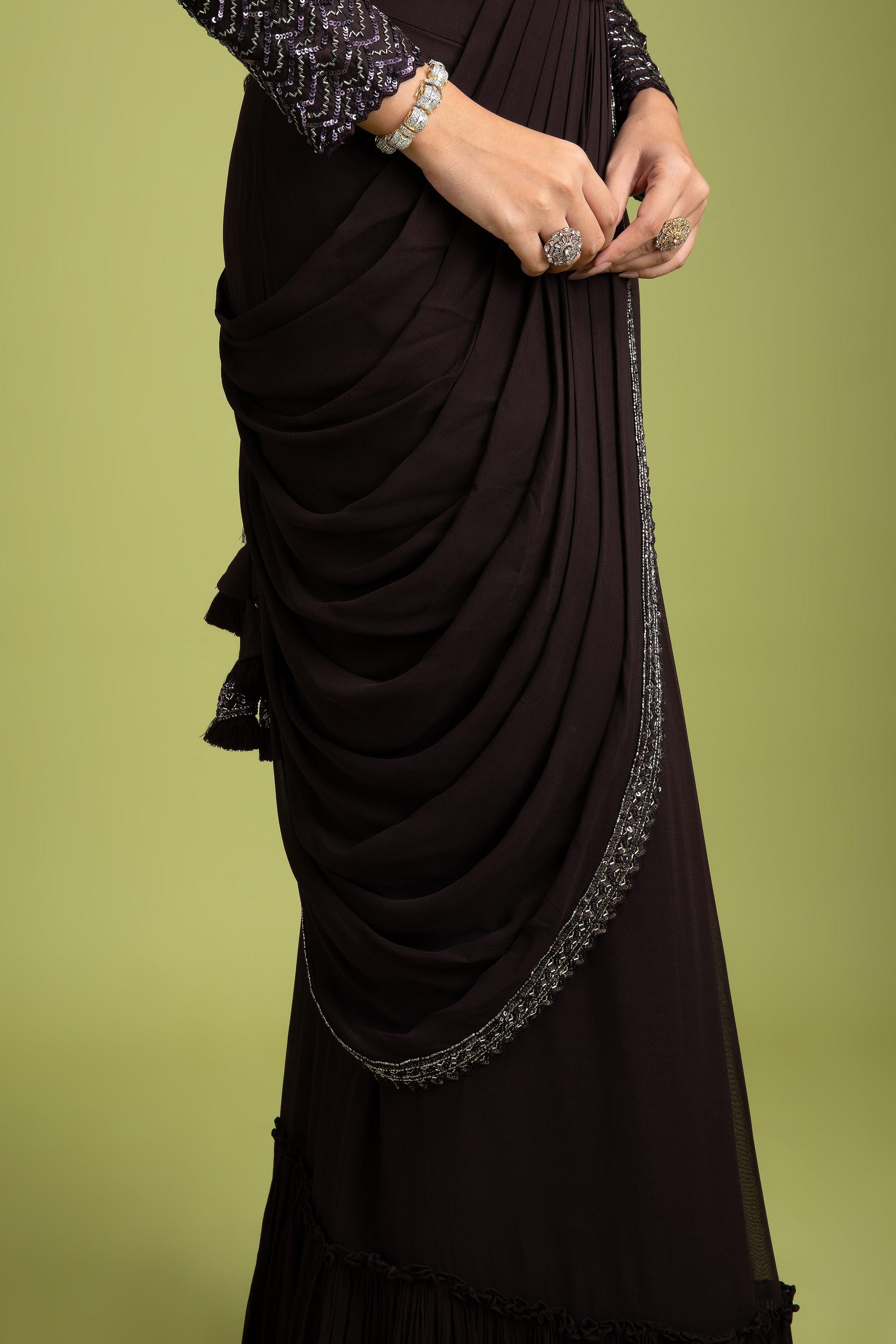 Dark Brown Georgette Drape Saree - Mokshaa