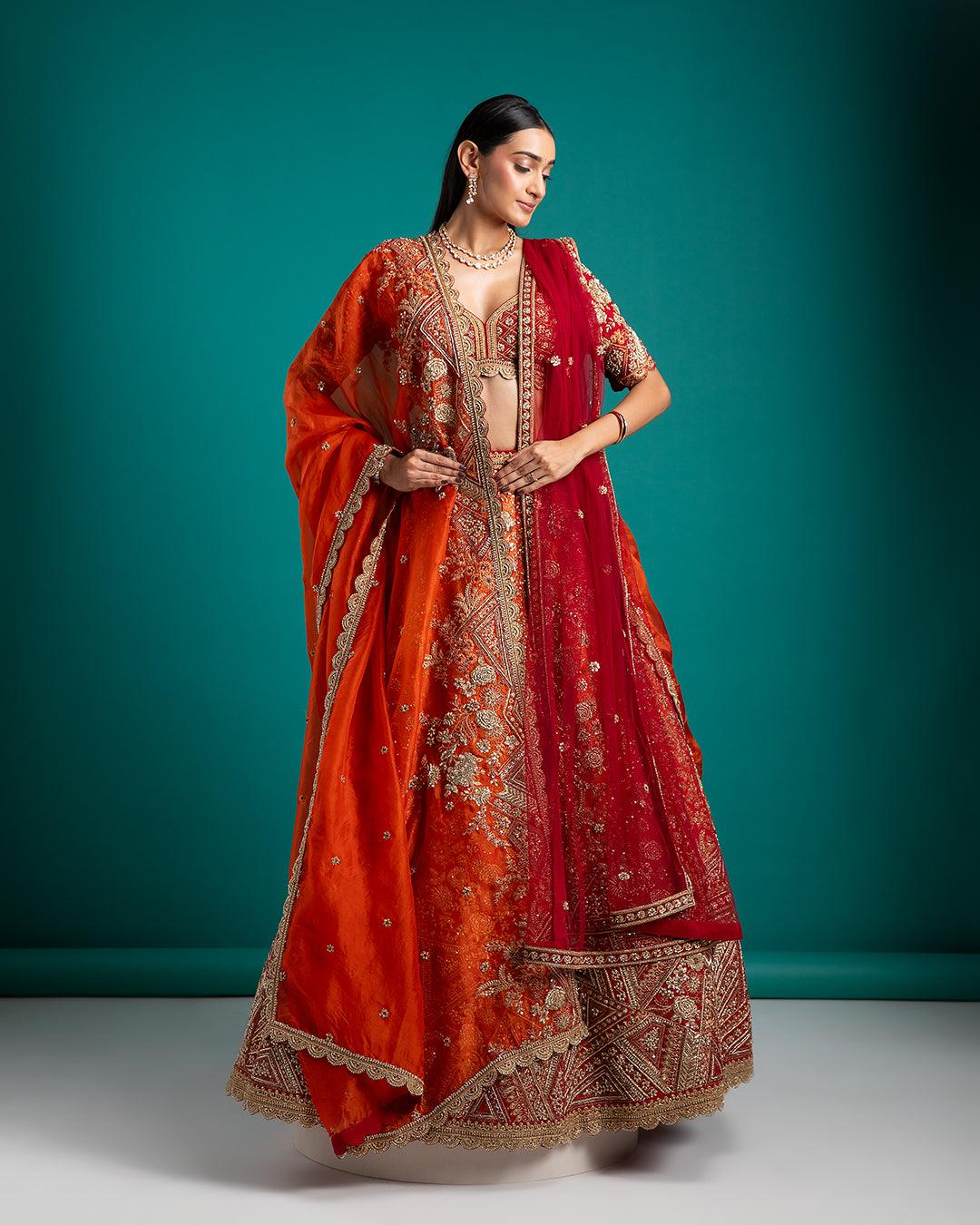 Crimson And Orange Embroidered Bridal Lehenga - Mokshaa