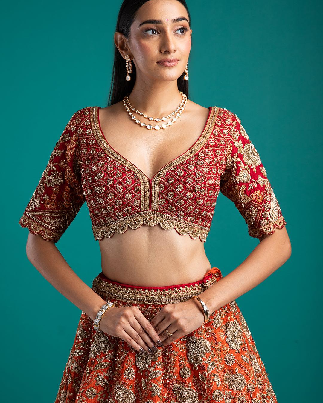 Crimson And Orange Embroidered Bridal Lehenga - Mokshaa