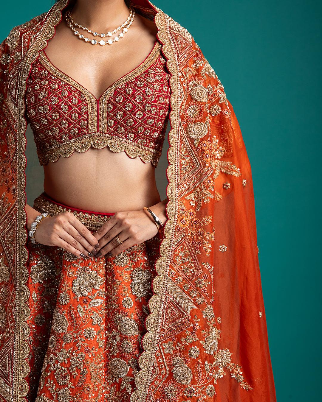 Crimson And Orange Embroidered Bridal Lehenga - Mokshaa