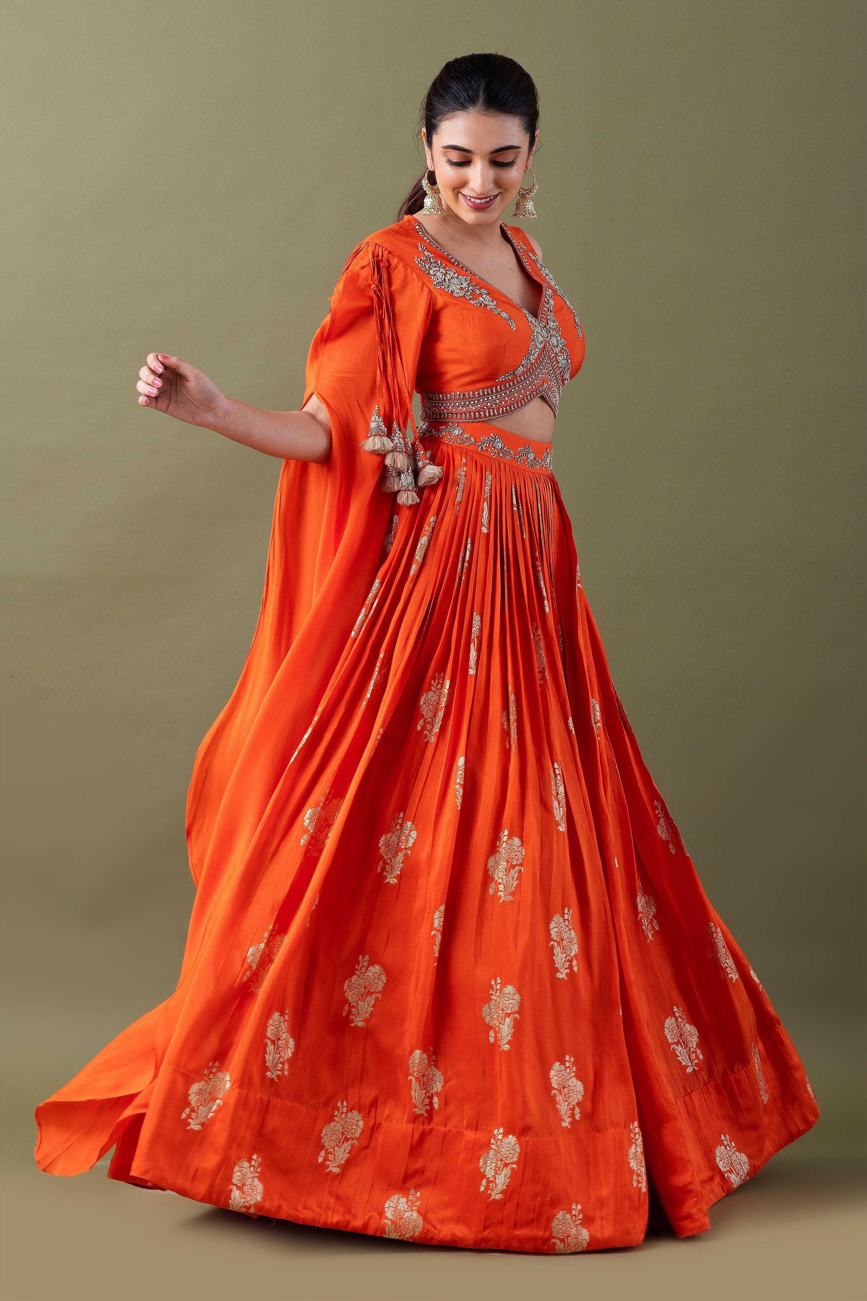 Orange Embroidered Lehenga Set - Mokshaa
