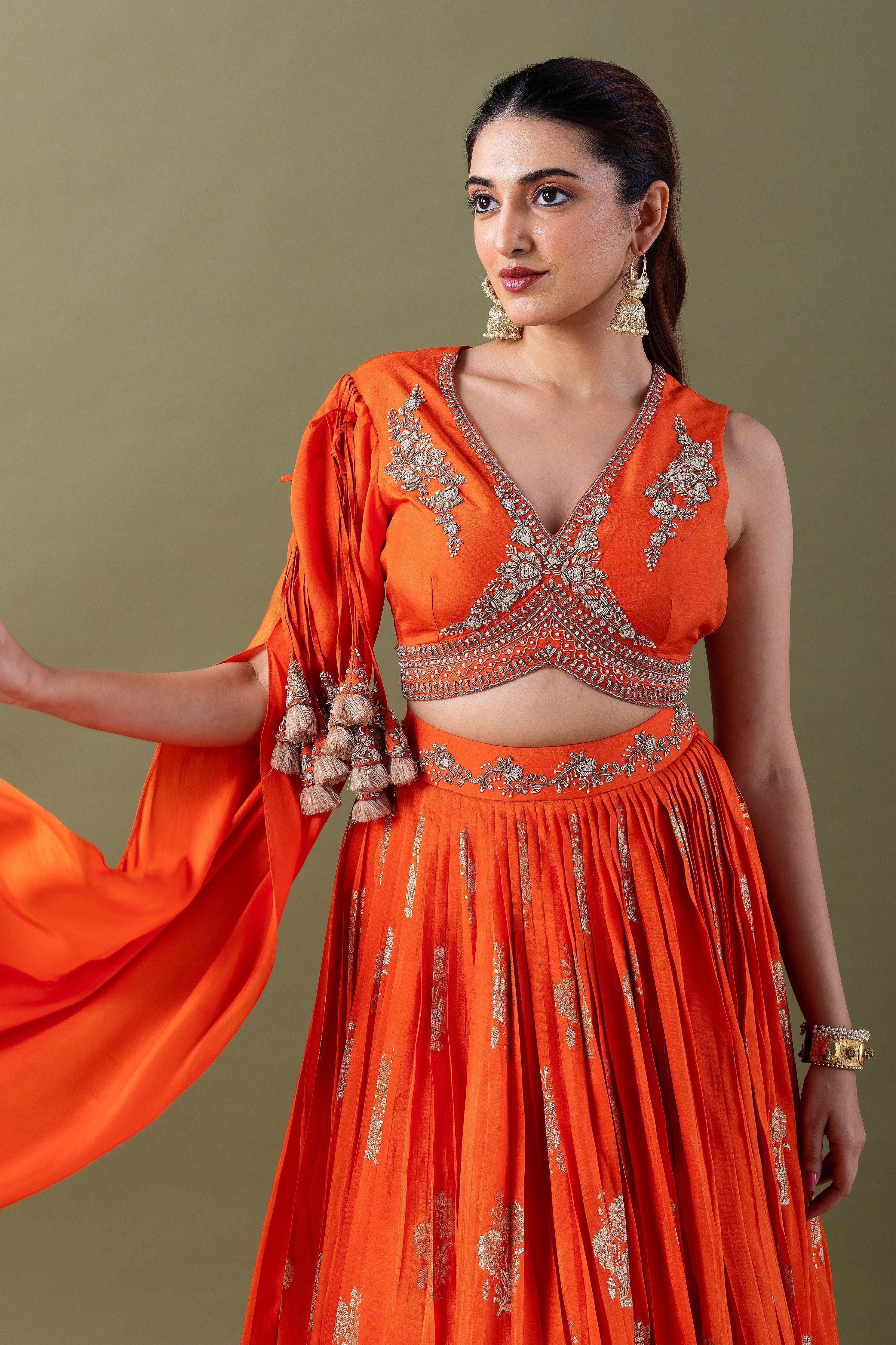Orange Embroidered Lehenga Set - Mokshaa